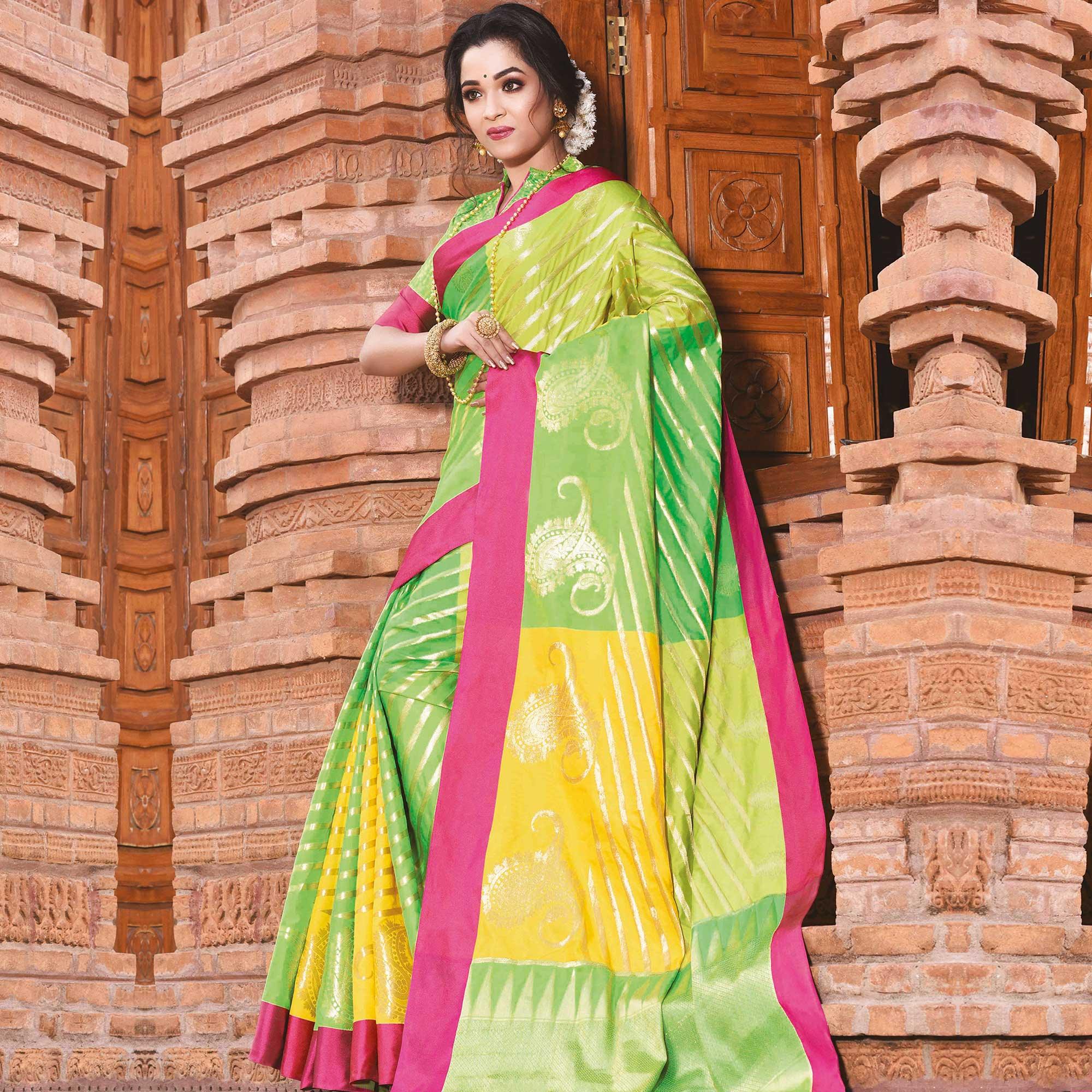Mesmeric Green Colored Festive Wear Woven Handloom Silk Saree - Peachmode