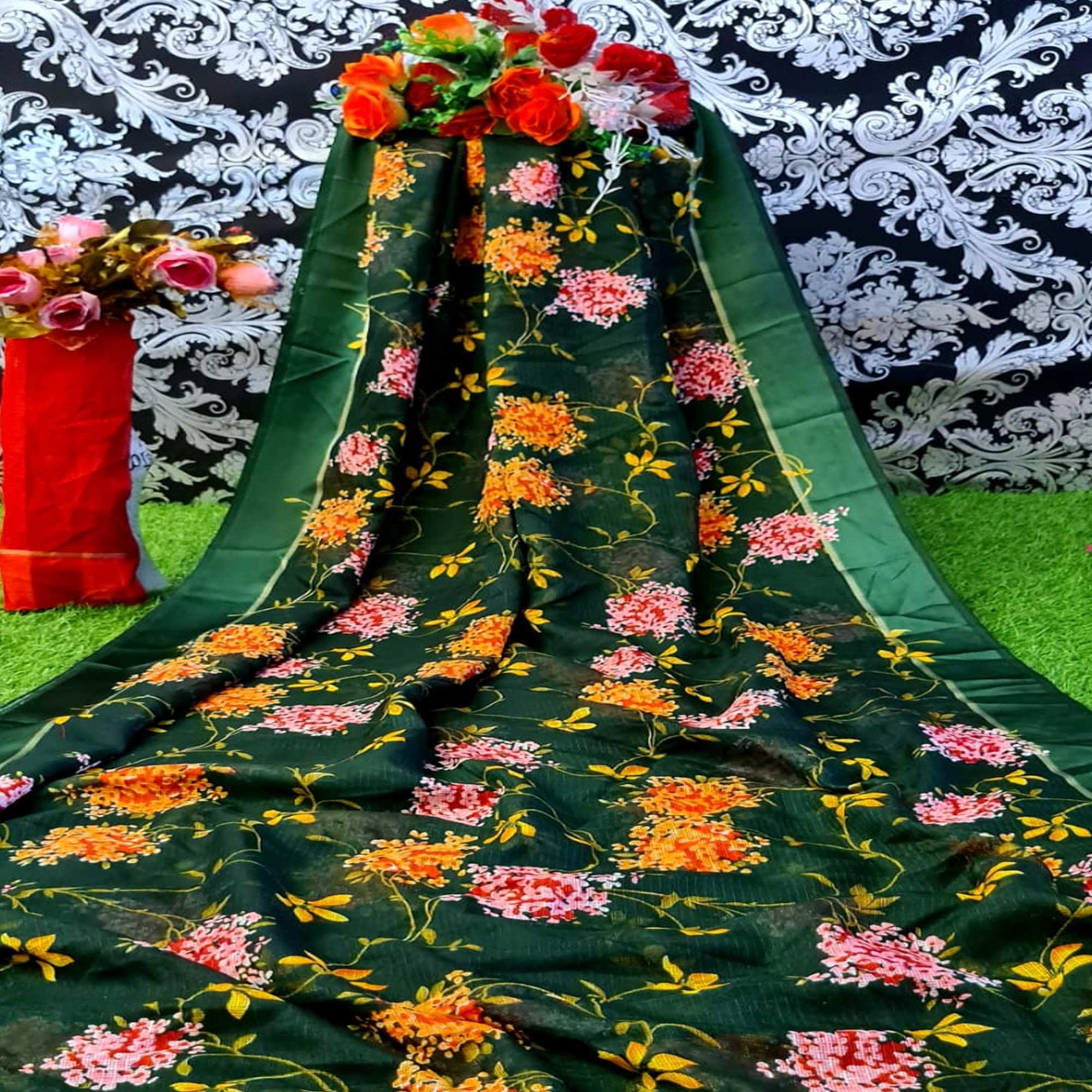 Mesmeric Green Colored Festive Wear Woven Linen Cotton Saree - Peachmode