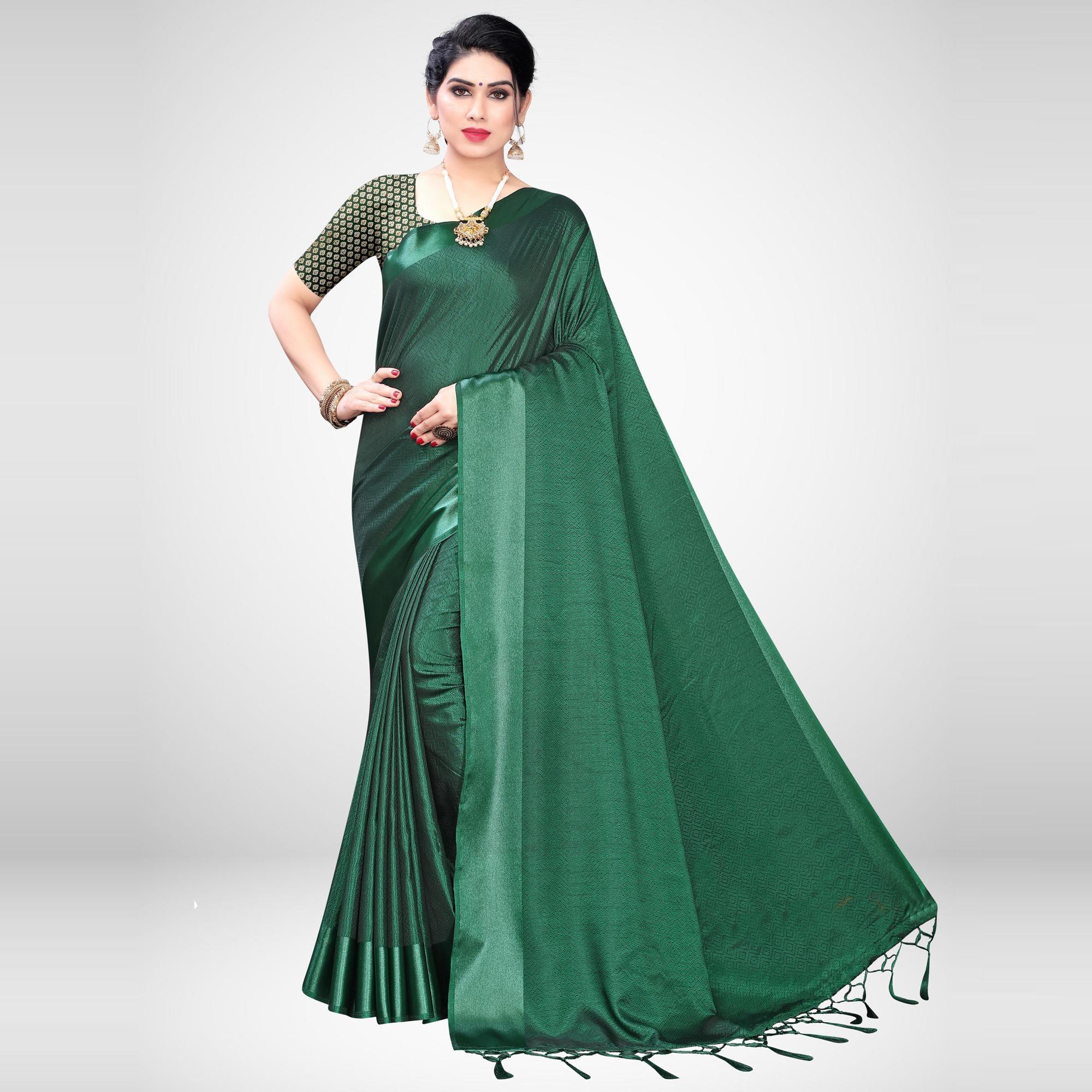 Mesmeric Green Colored Festive Wear Woven Satin Saree - Peachmode