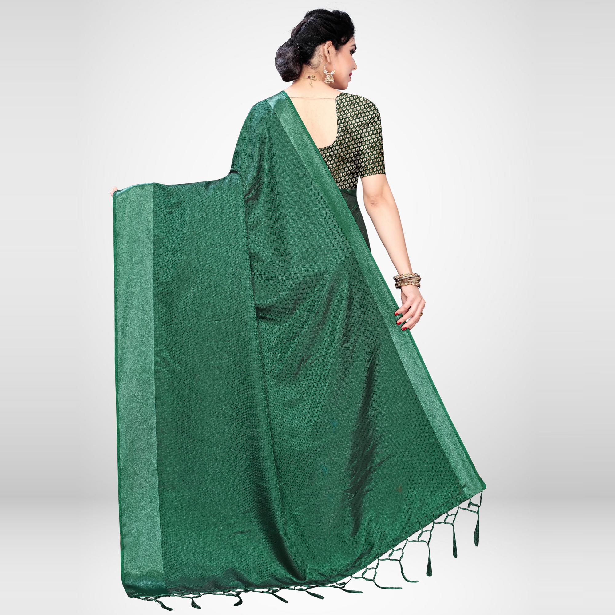 Mesmeric Green Colored Festive Wear Woven Satin Saree - Peachmode