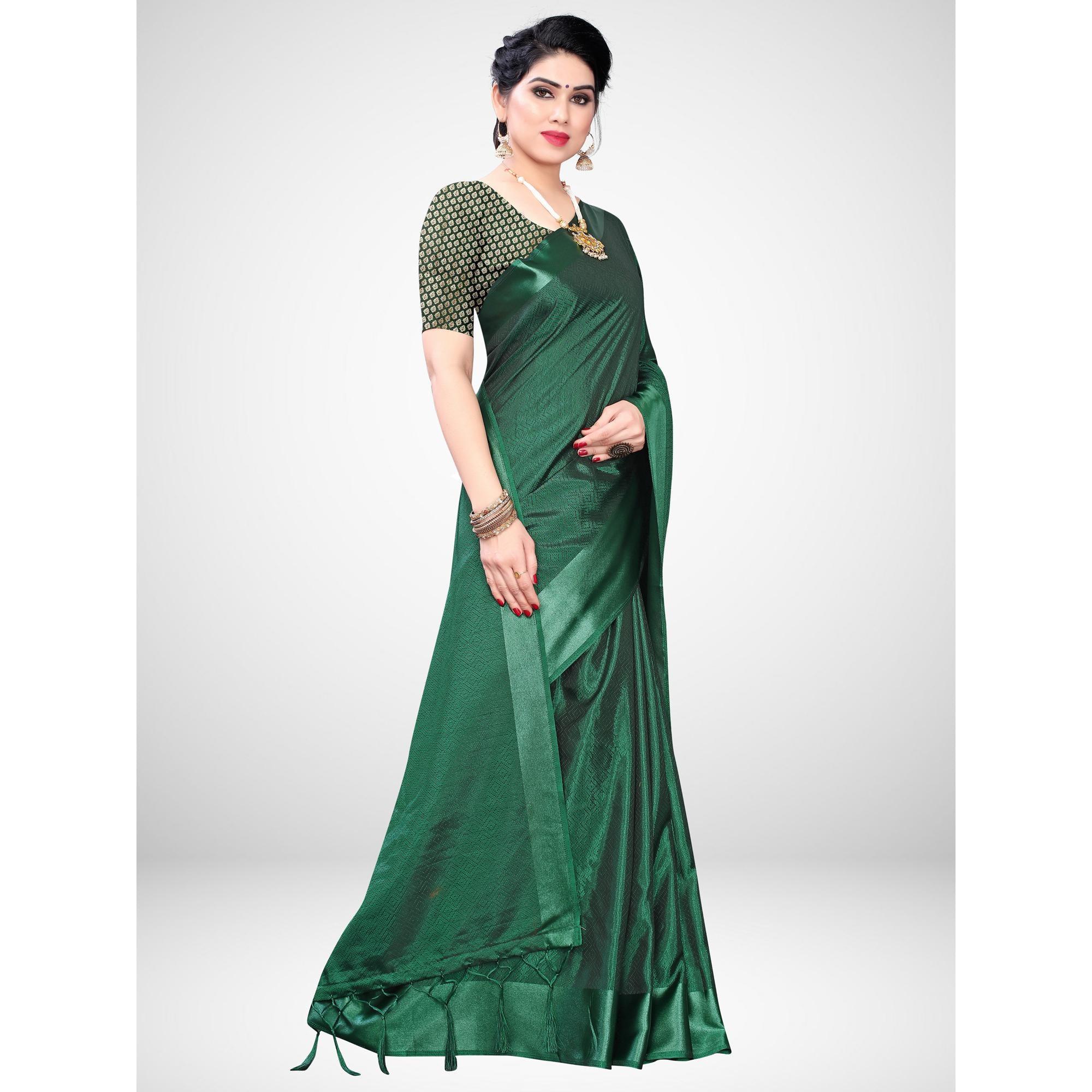 Mesmeric Green Colored Festive Wear Woven Satin Saree - Peachmode