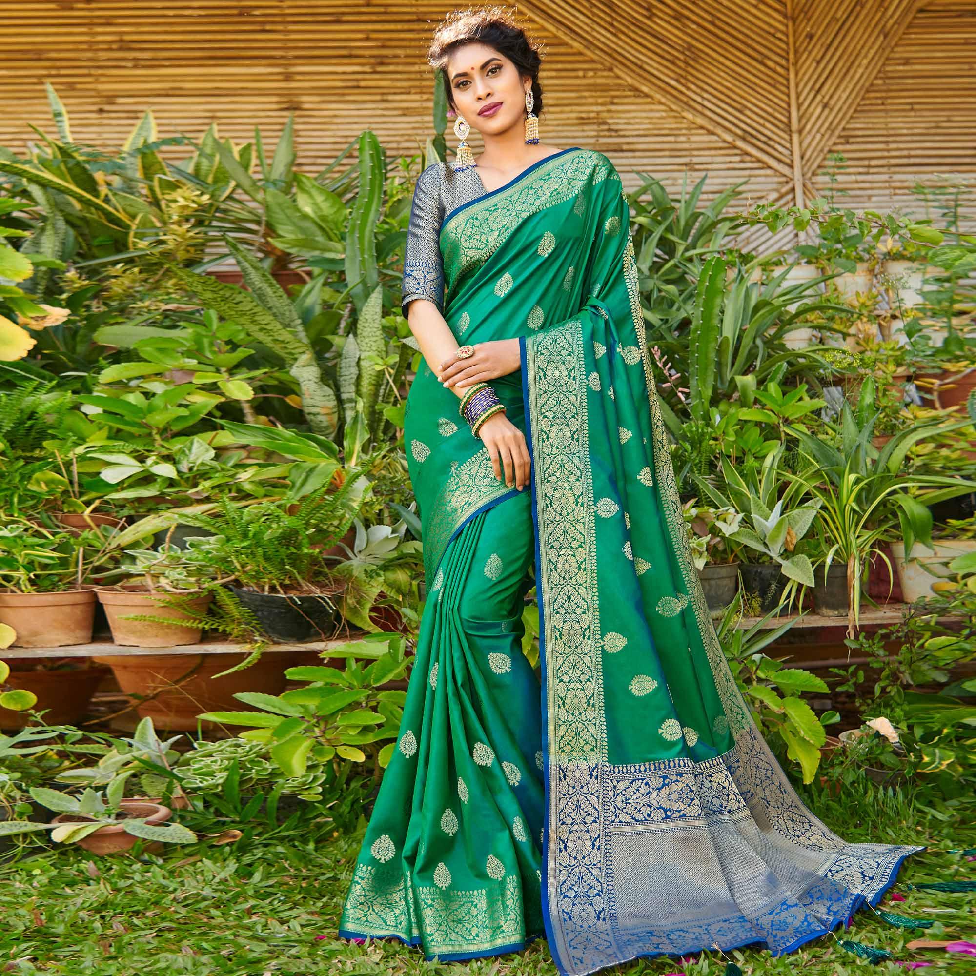 Mesmeric Green Colored Festive Wear Woven Silk Saree - Peachmode