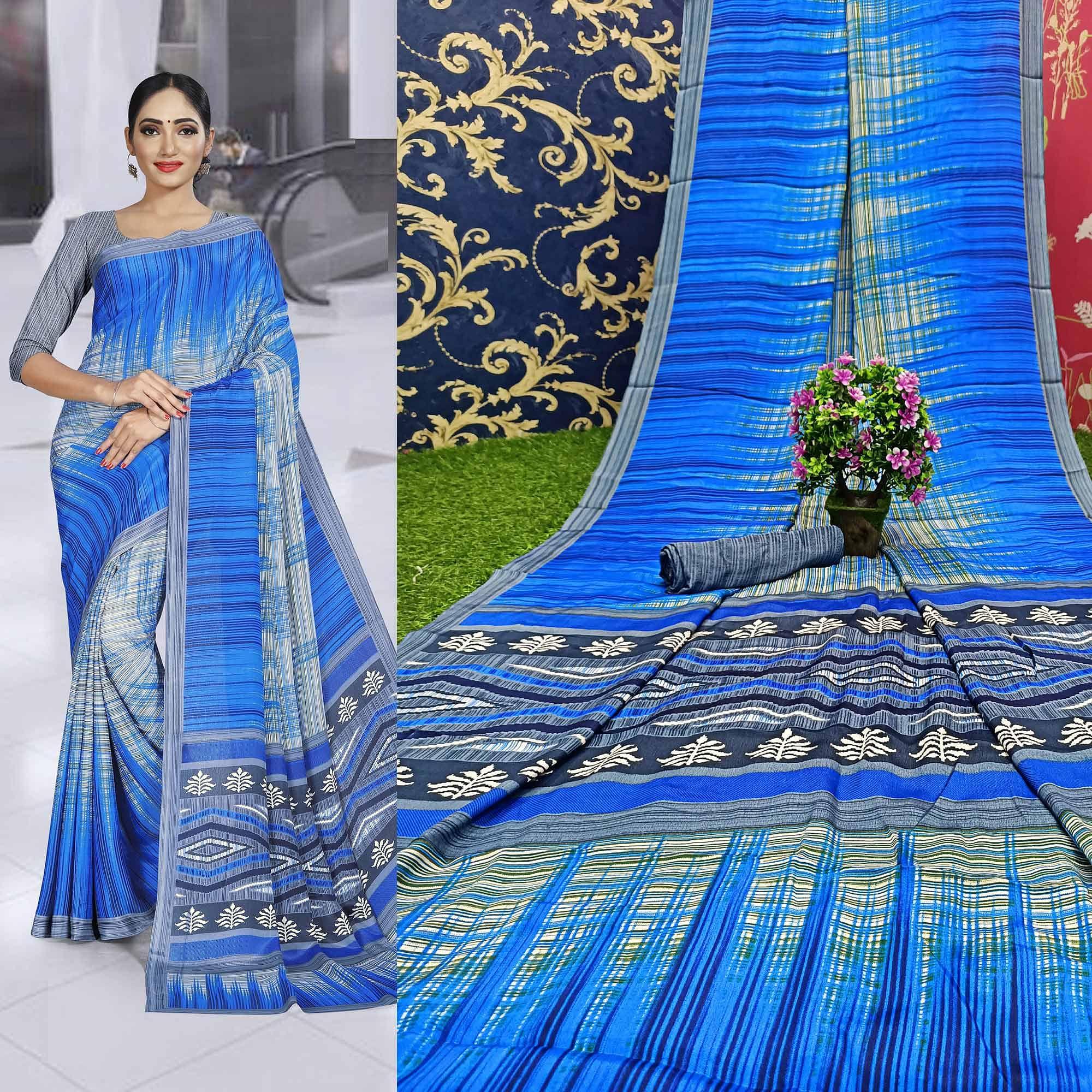 Mesmeric Grey - Blue Colored Casual Wear Printed Crepe Saree - Peachmode