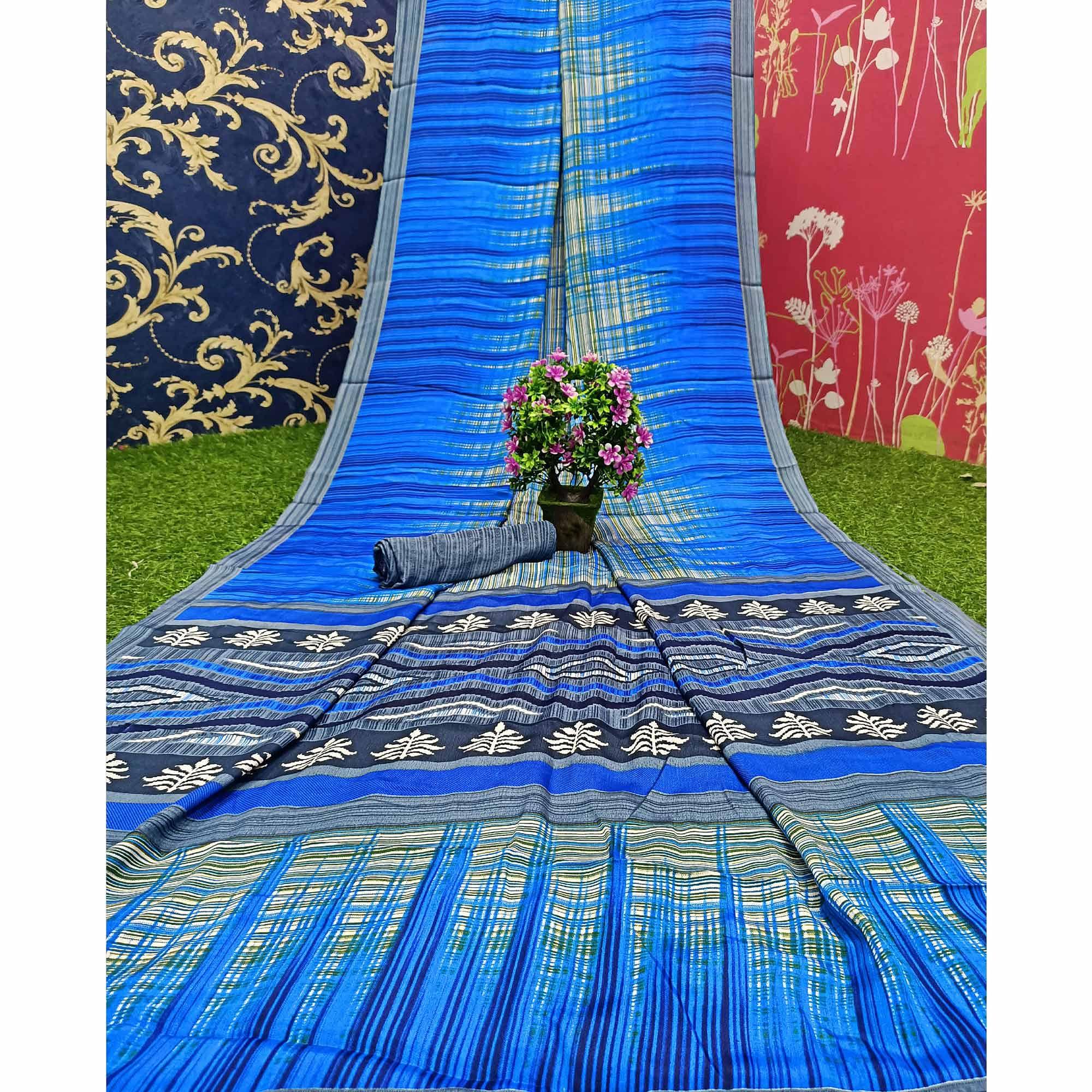 Mesmeric Grey - Blue Colored Casual Wear Printed Crepe Saree - Peachmode