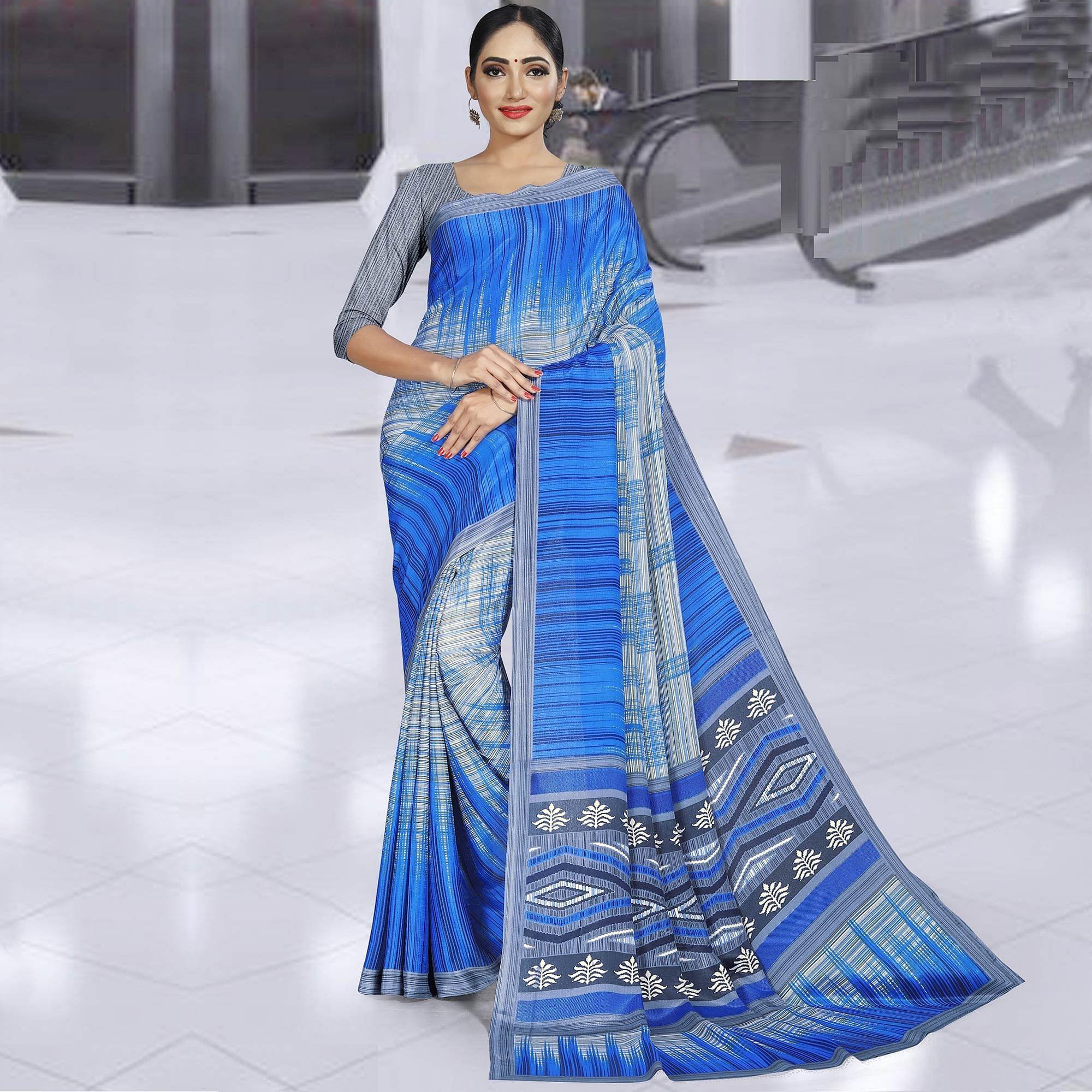Mesmeric Grey - Blue Colored Casual Wear Printed Crepe Saree - Peachmode