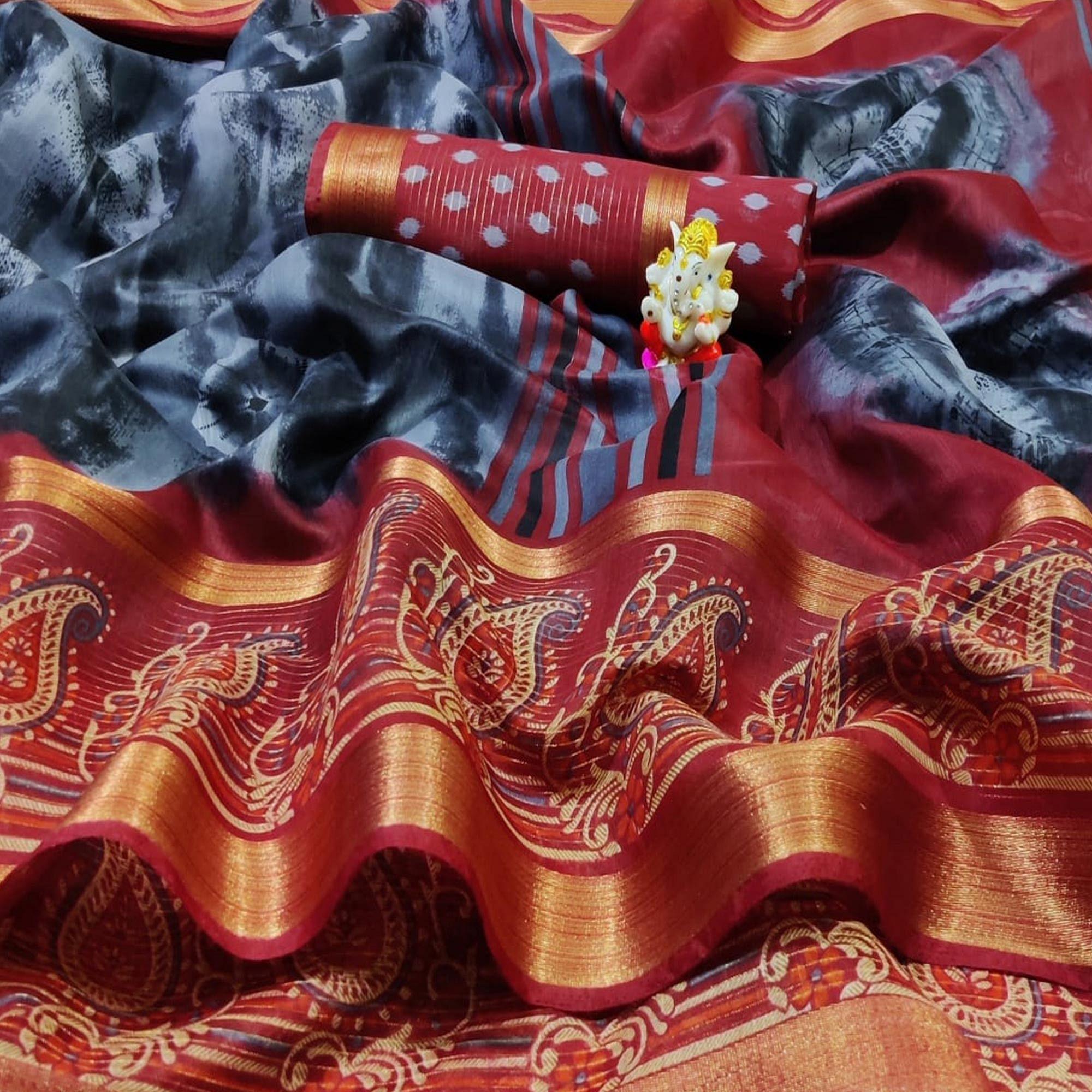 Mesmeric Grey Colored Casual Wear Printed Cotton Saree - Peachmode