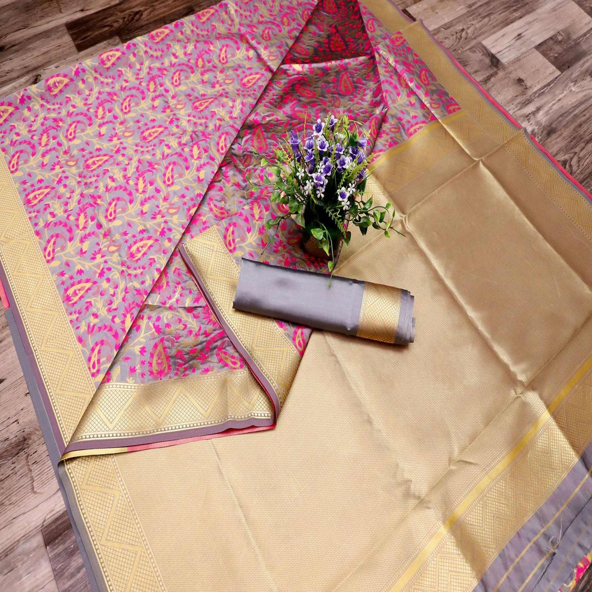 Mesmeric Grey Colored Festive Wear Printed Banarasi Silk Saree - Peachmode