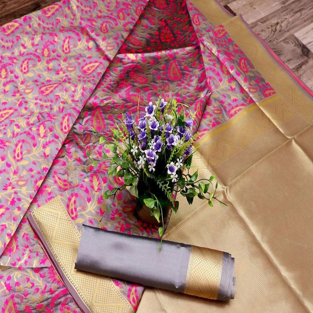 Mesmeric Grey Colored Festive Wear Printed Banarasi Silk Saree - Peachmode