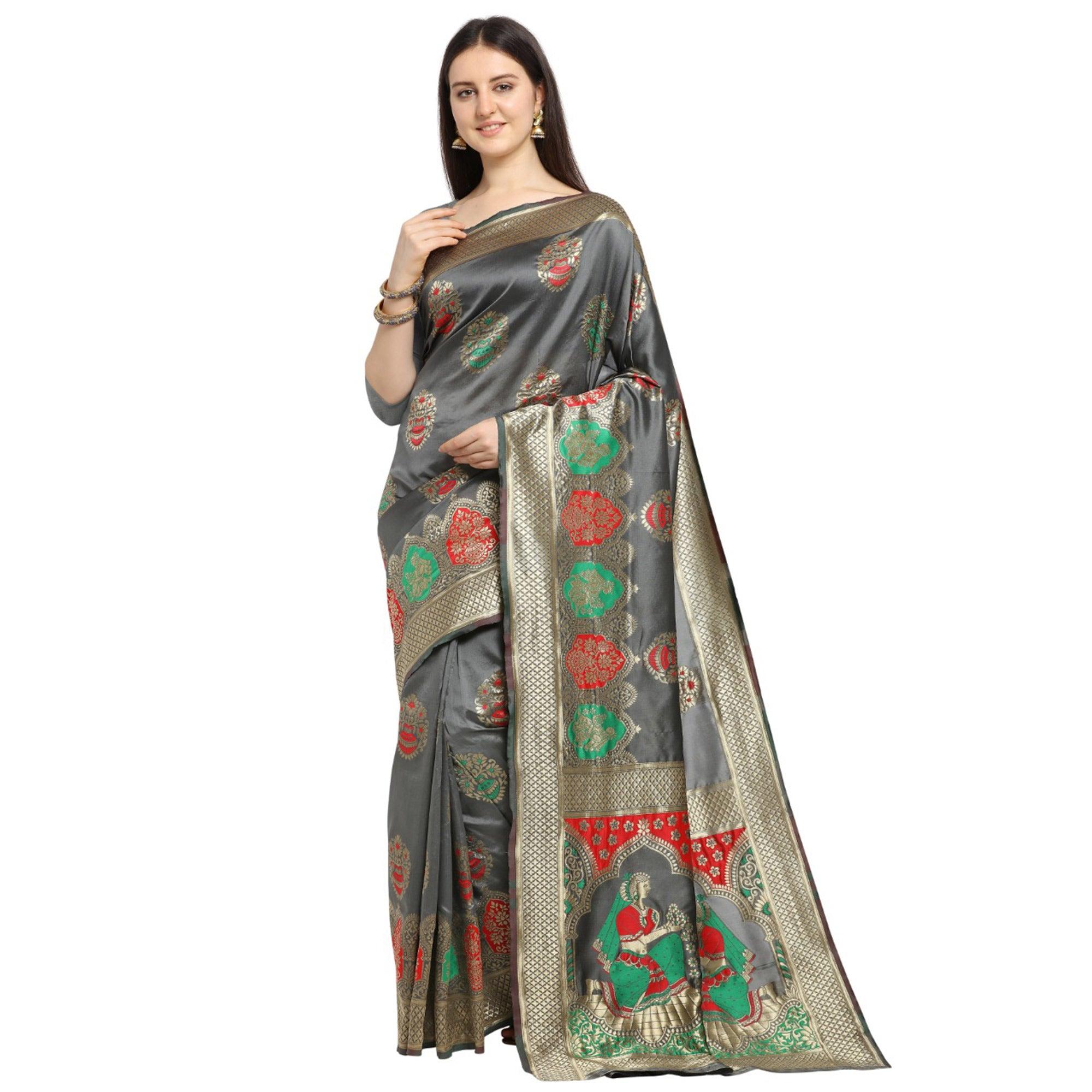 Mesmeric Grey Colored Festive Wear Woven Banarasi Silk Saree - Peachmode