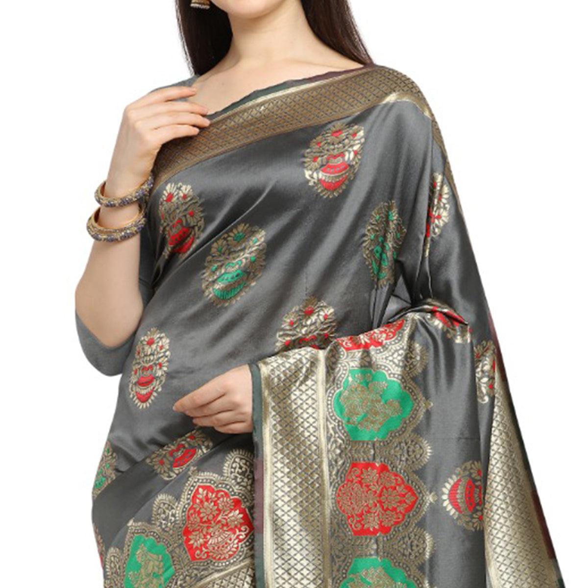 Mesmeric Grey Colored Festive Wear Woven Banarasi Silk Saree - Peachmode
