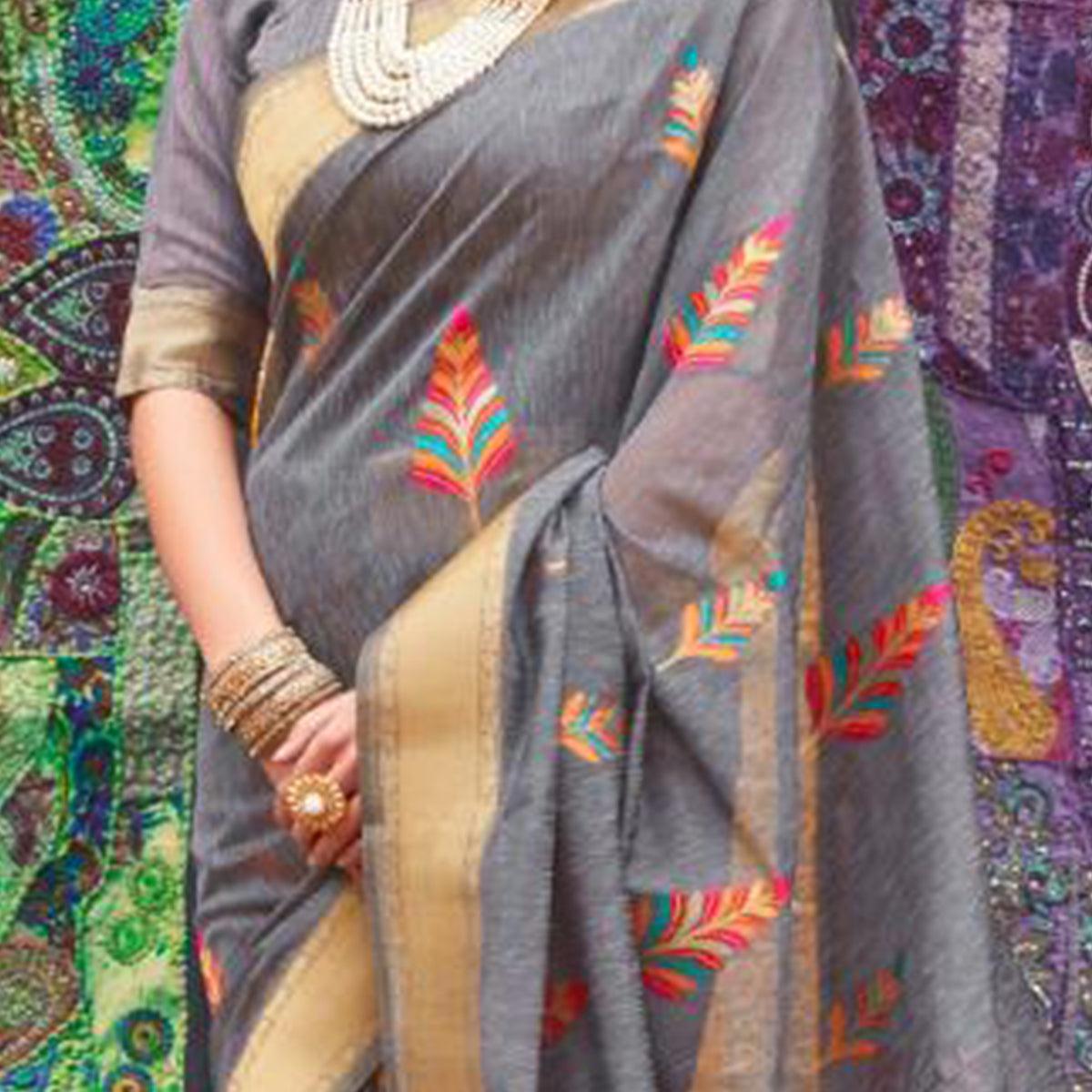 Mesmeric Grey Colored Partywear Printed Linen Saree - Peachmode