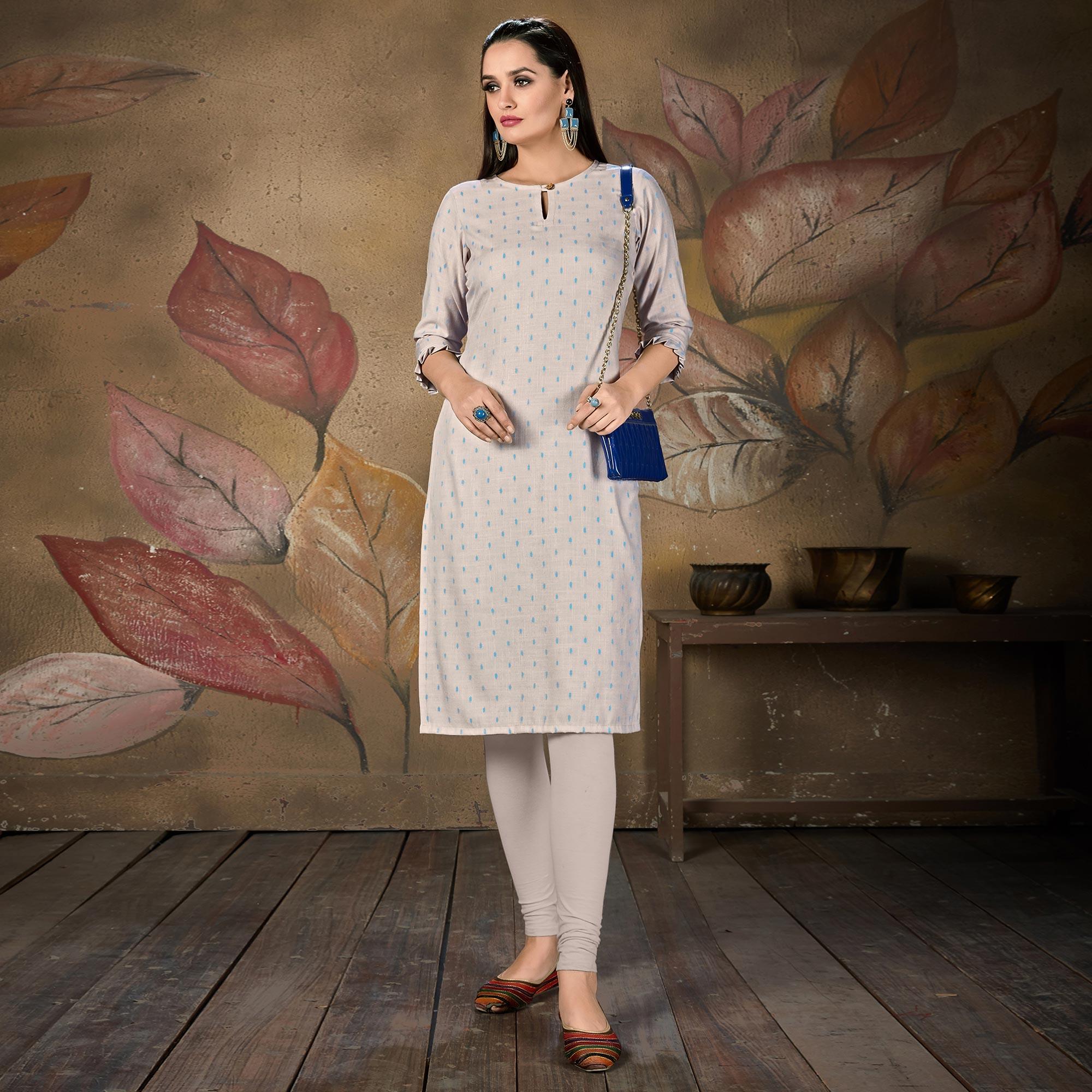 Mesmeric Light Blue Colored Casual Embroidered Cotton Kurti - Peachmode