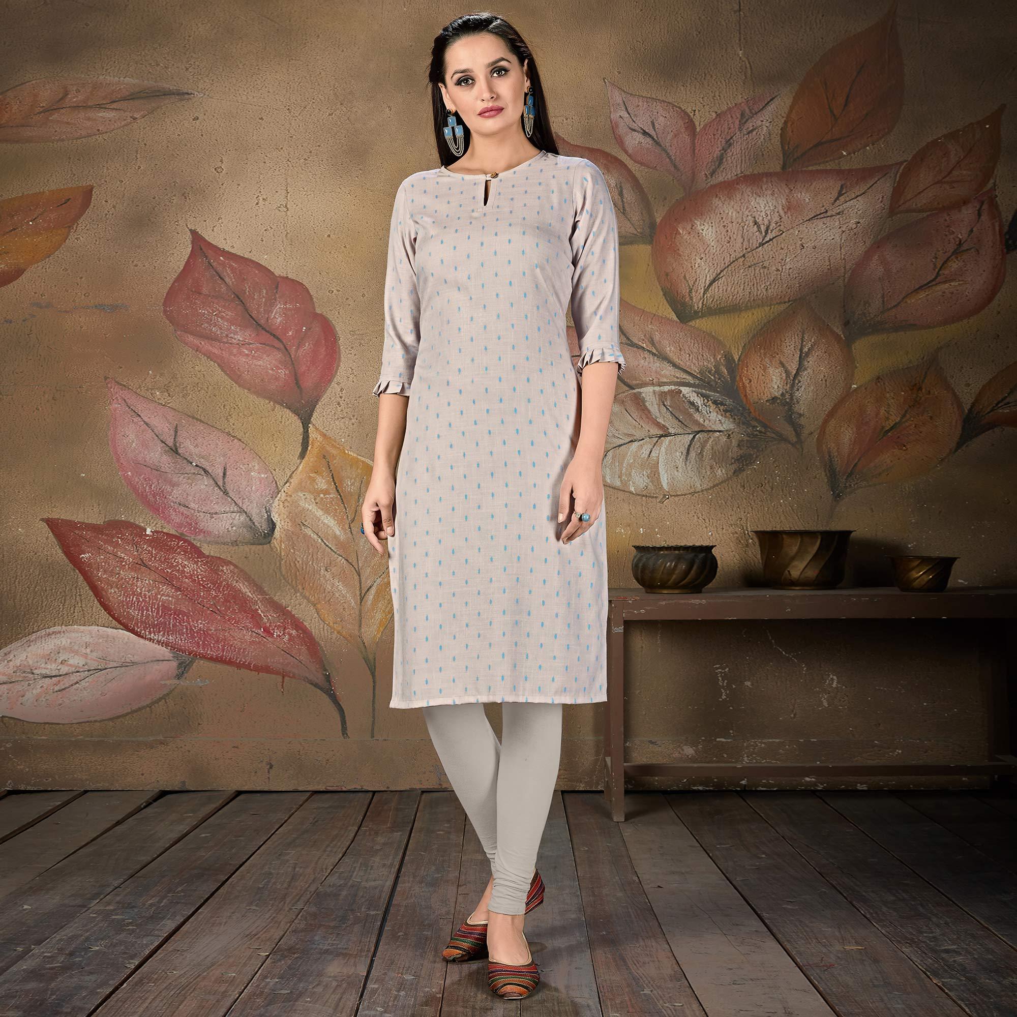 Mesmeric Light Blue Colored Casual Embroidered Cotton Kurti - Peachmode