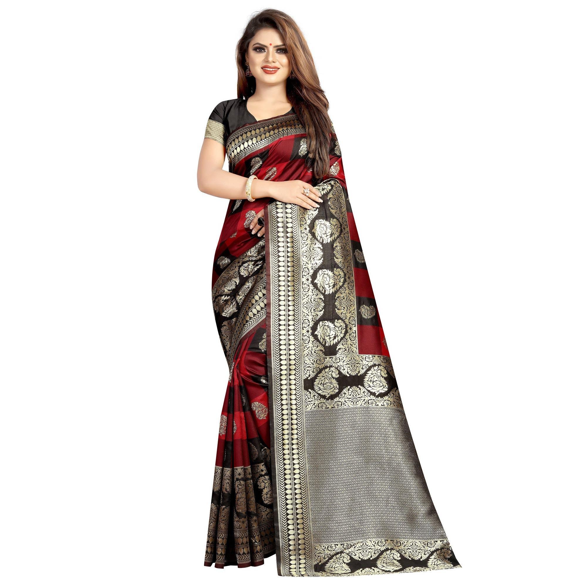 Mesmeric Maroon-Black Colored Festive Wear Woven Art Silk With Jacquard Border Saree - Peachmode