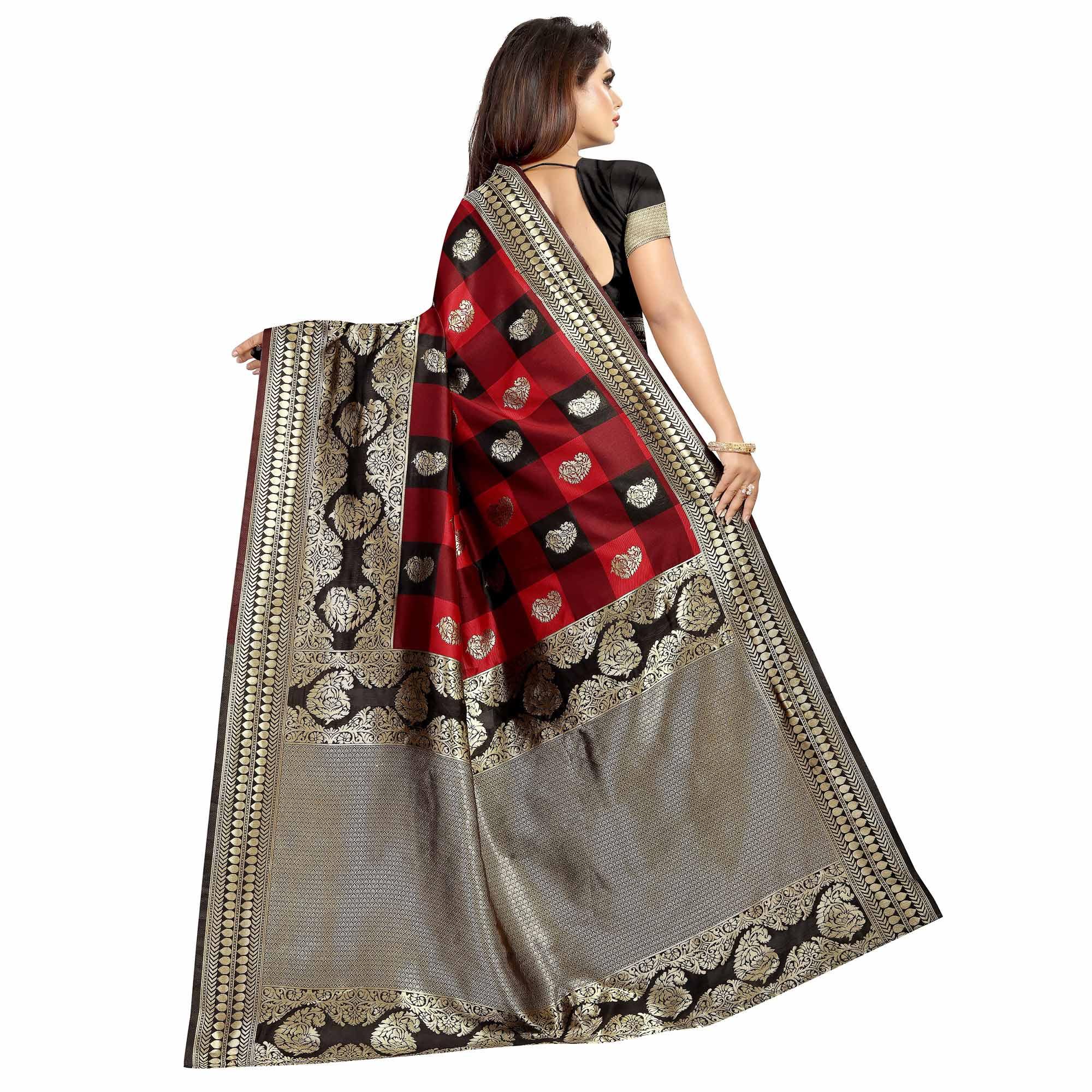 Mesmeric Maroon-Black Colored Festive Wear Woven Art Silk With Jacquard Border Saree - Peachmode