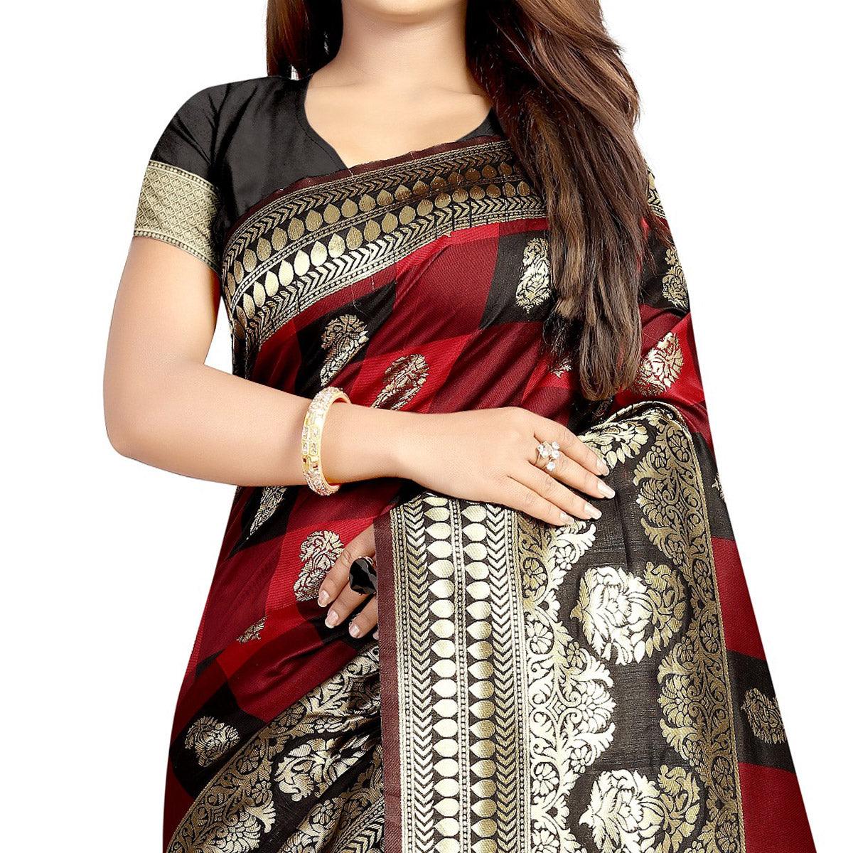 Mesmeric Maroon-Black Colored Festive Wear Woven Art Silk With Jacquard Border Saree - Peachmode