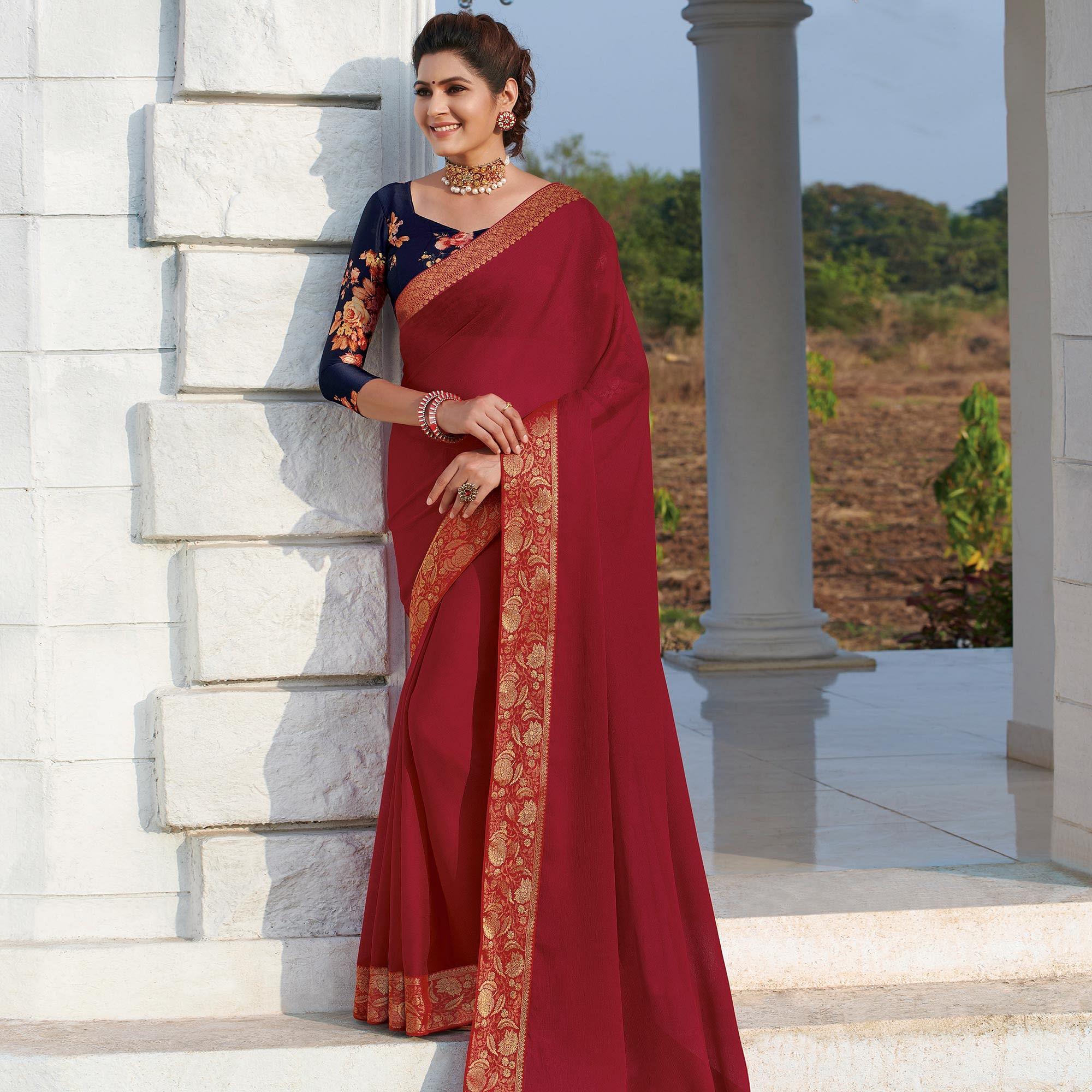 Mesmeric Maroon Colored Party Wear Embroidered Chiffon Saree - Peachmode
