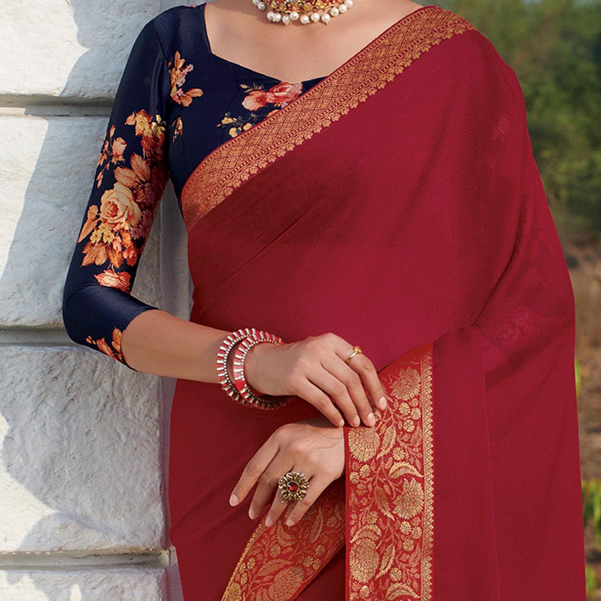 Mesmeric Maroon Colored Party Wear Embroidered Chiffon Saree - Peachmode