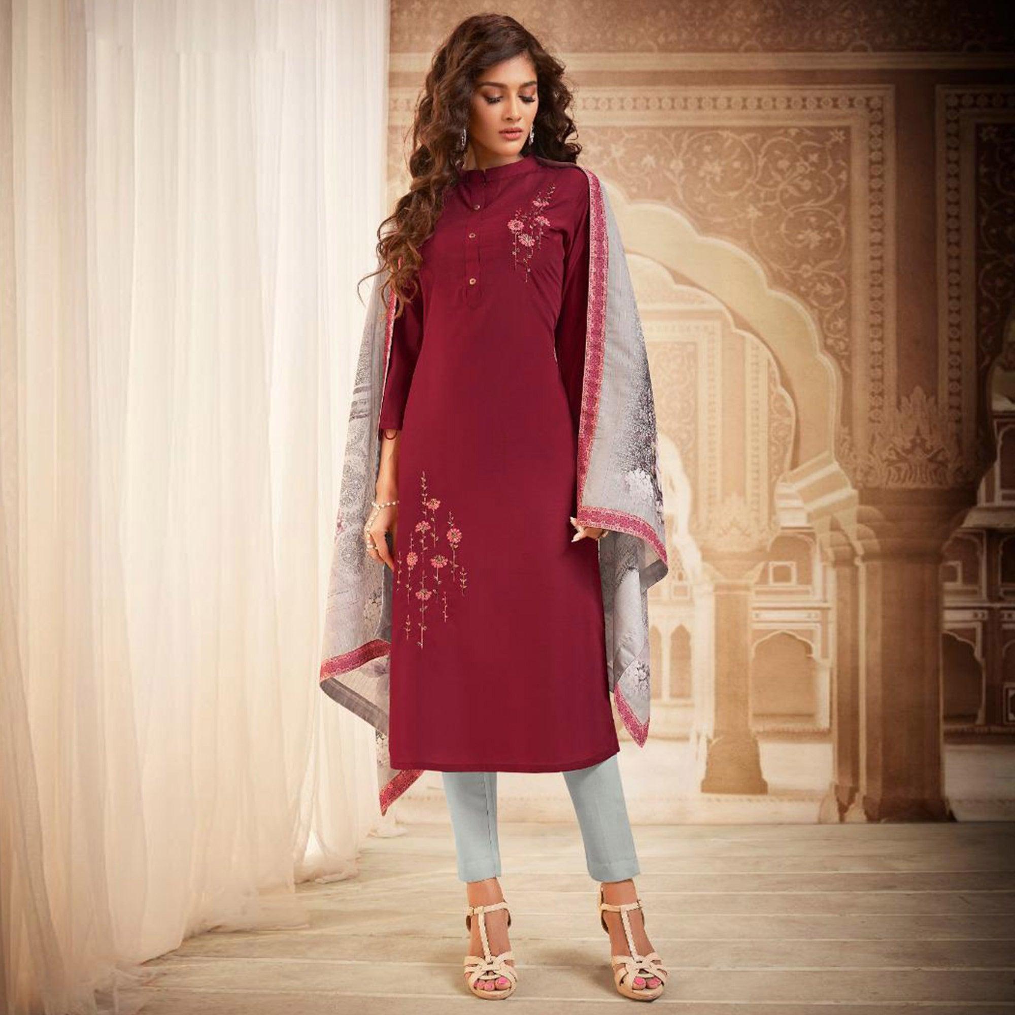 Mesmeric Maroon Colored Partywear Embroidered Heavy Muslin Salwar Suit - Peachmode