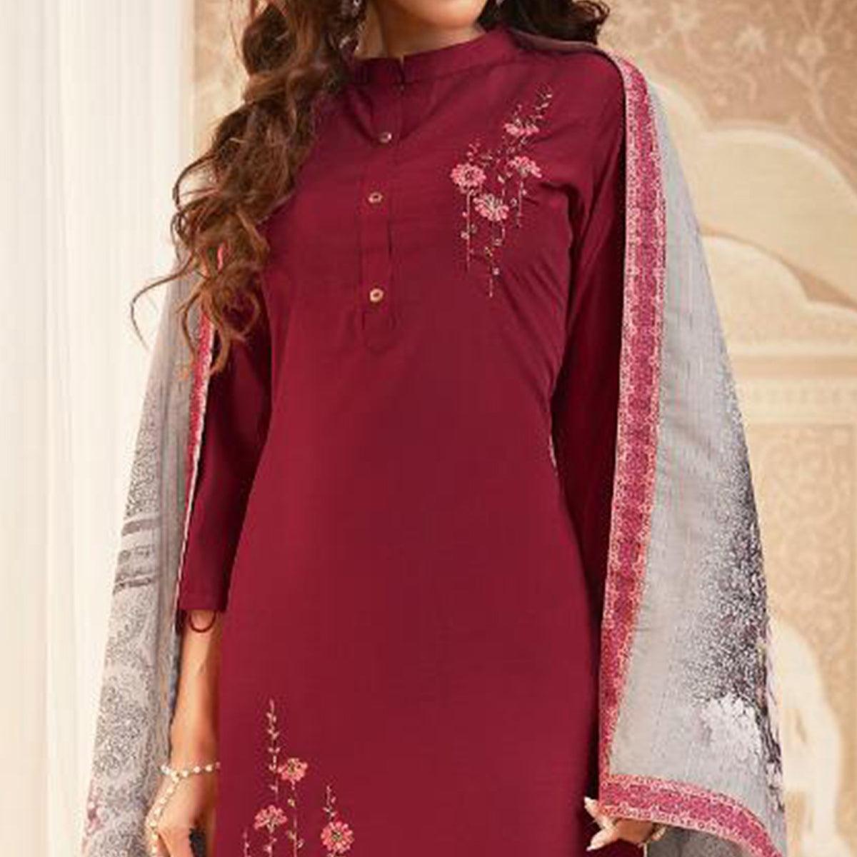 Mesmeric Maroon Colored Partywear Embroidered Heavy Muslin Salwar Suit - Peachmode