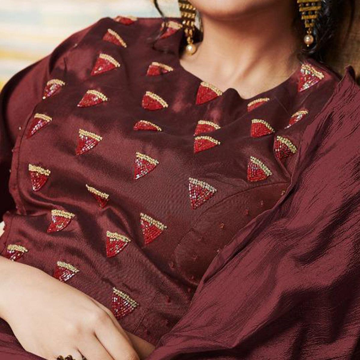 Mesmeric Maroon Colored Partywear Embroidery Banarasi Silk Lehenga Choli - Peachmode