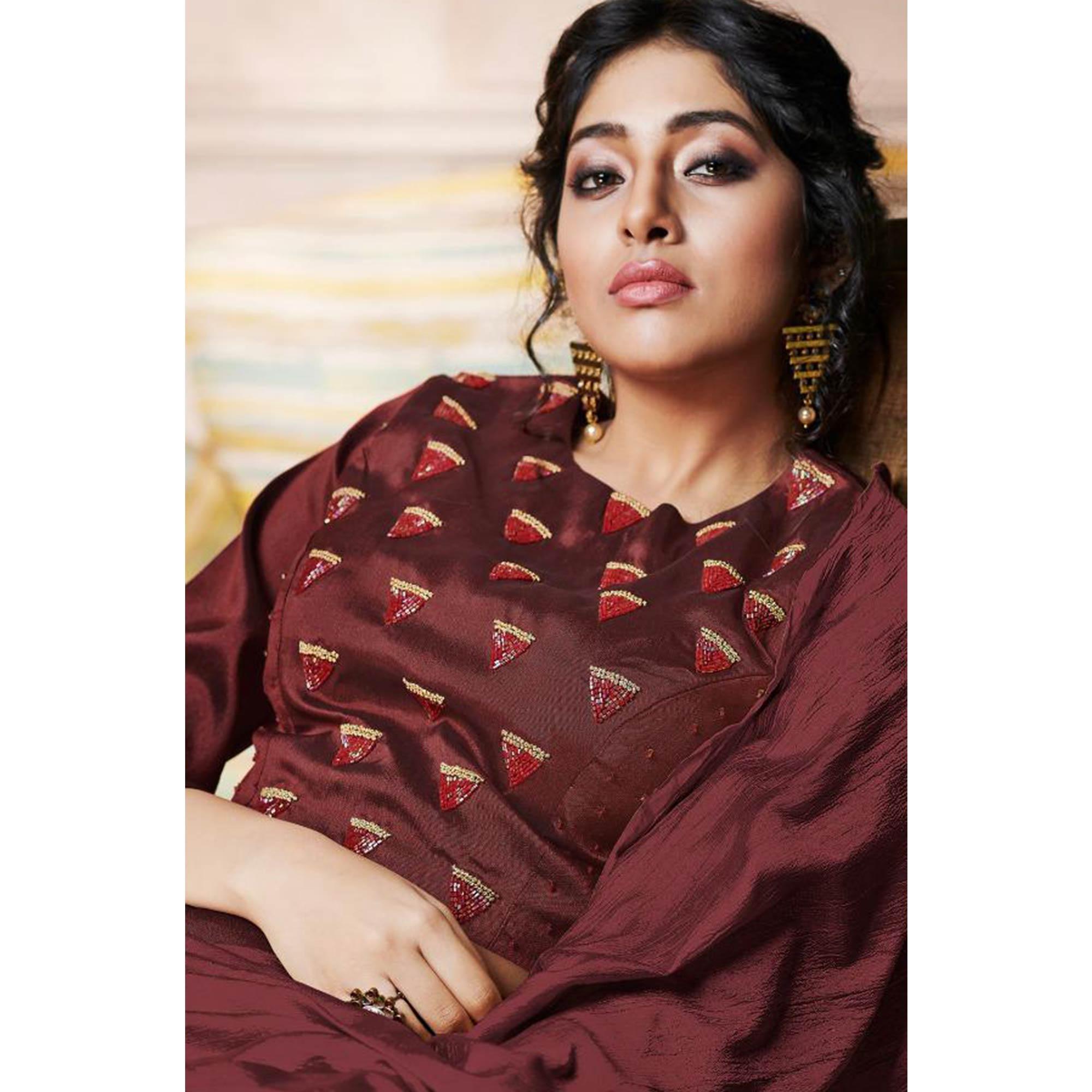 Mesmeric Maroon Colored Partywear Embroidery Banarasi Silk Lehenga Choli - Peachmode