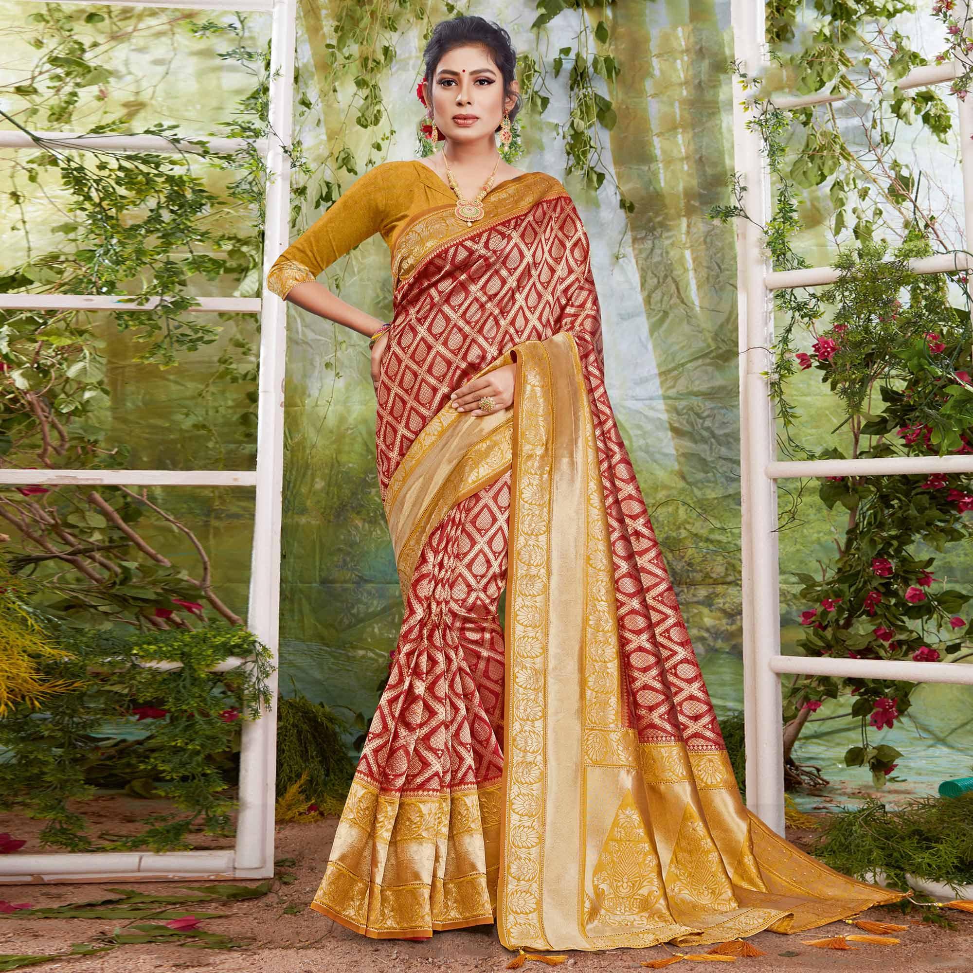 Mesmeric Maroon Coloured Festive wear Woven Silk Saree - Peachmode