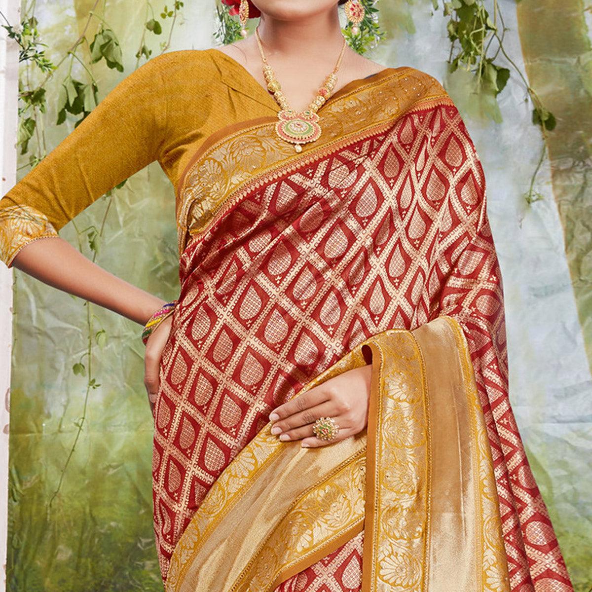 Mesmeric Maroon Coloured Festive wear Woven Silk Saree - Peachmode