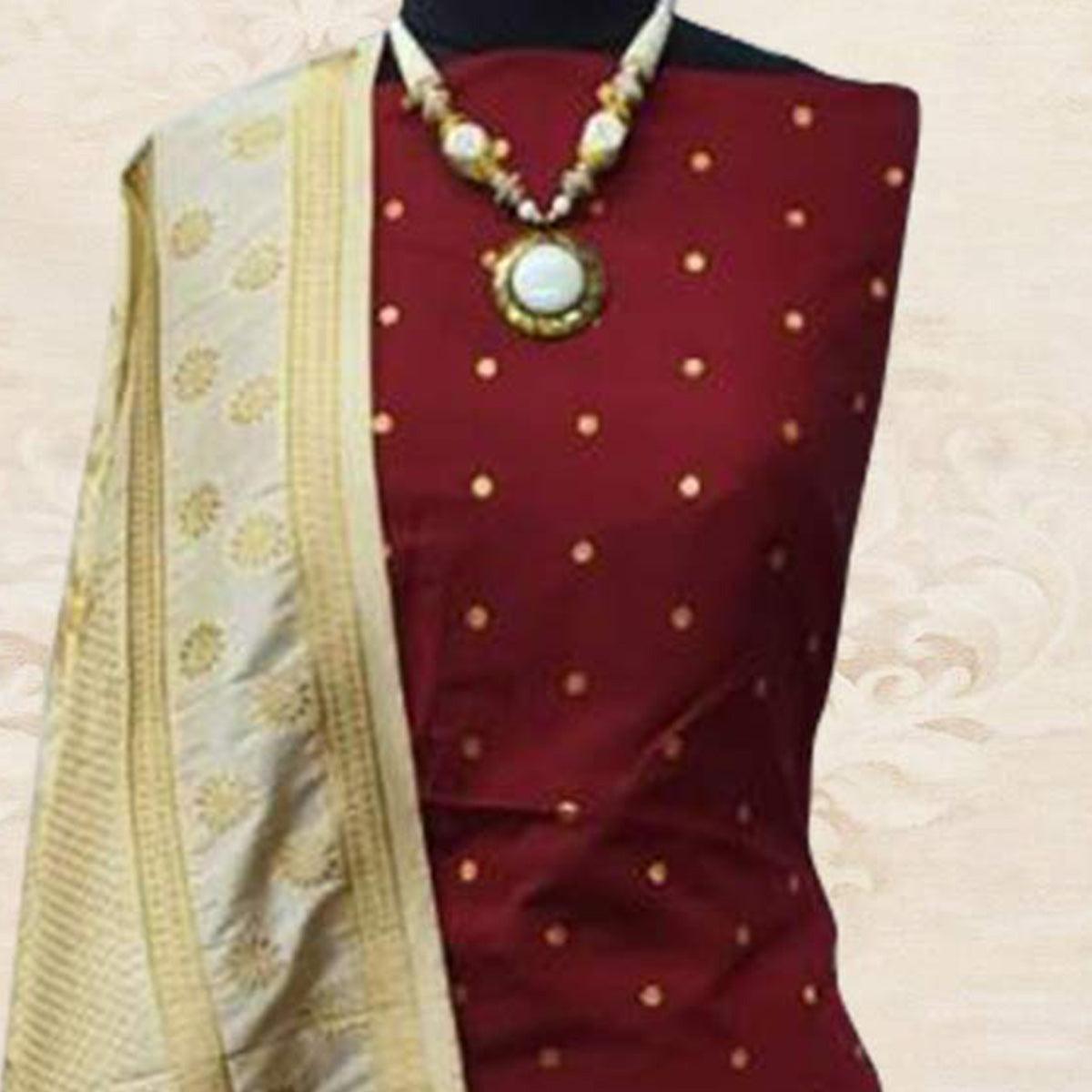 Mesmeric Maroon Woven Satin Dress Material With Banarasi Silk Dupatta - Peachmode