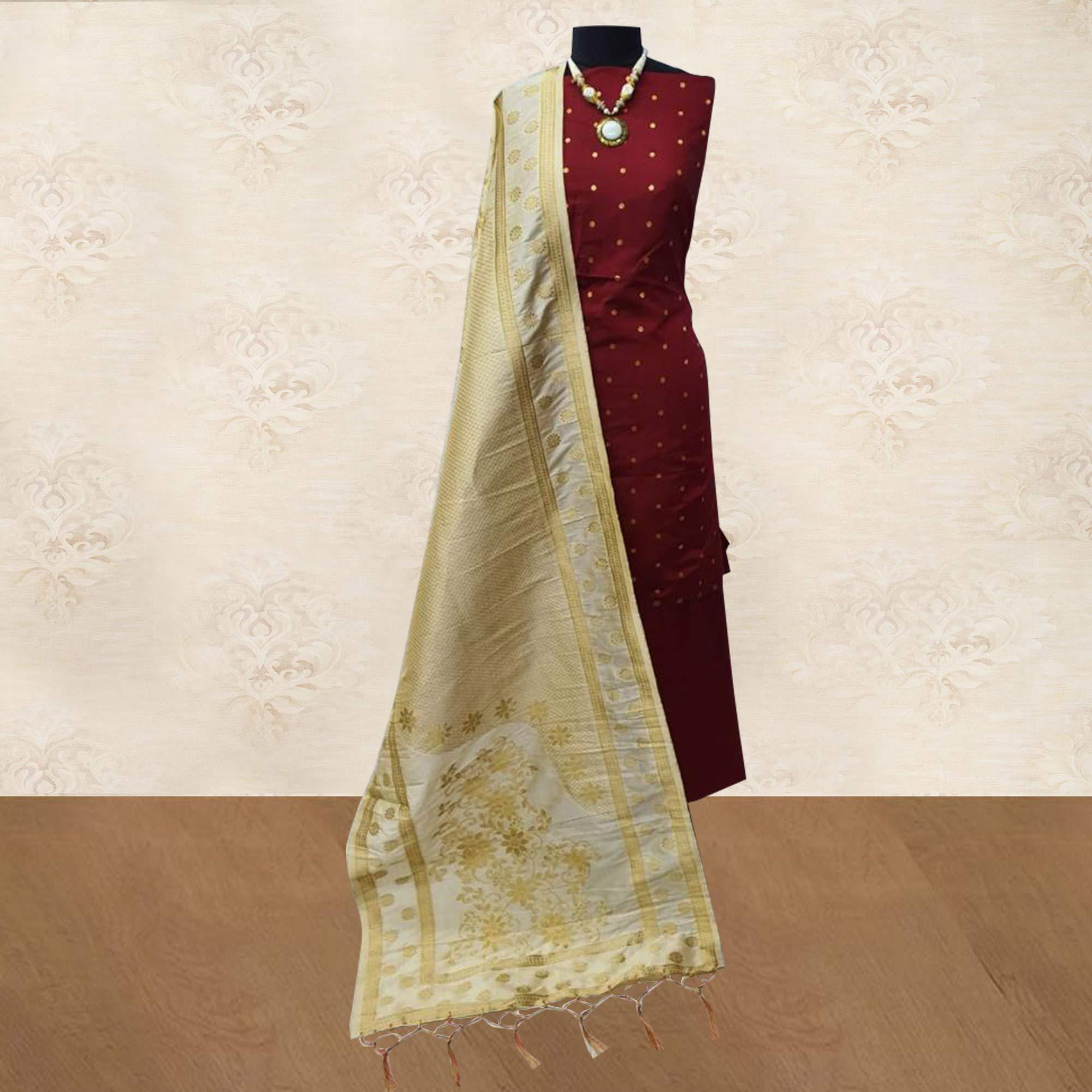 Mesmeric Maroon Woven Satin Dress Material With Banarasi Silk Dupatta - Peachmode