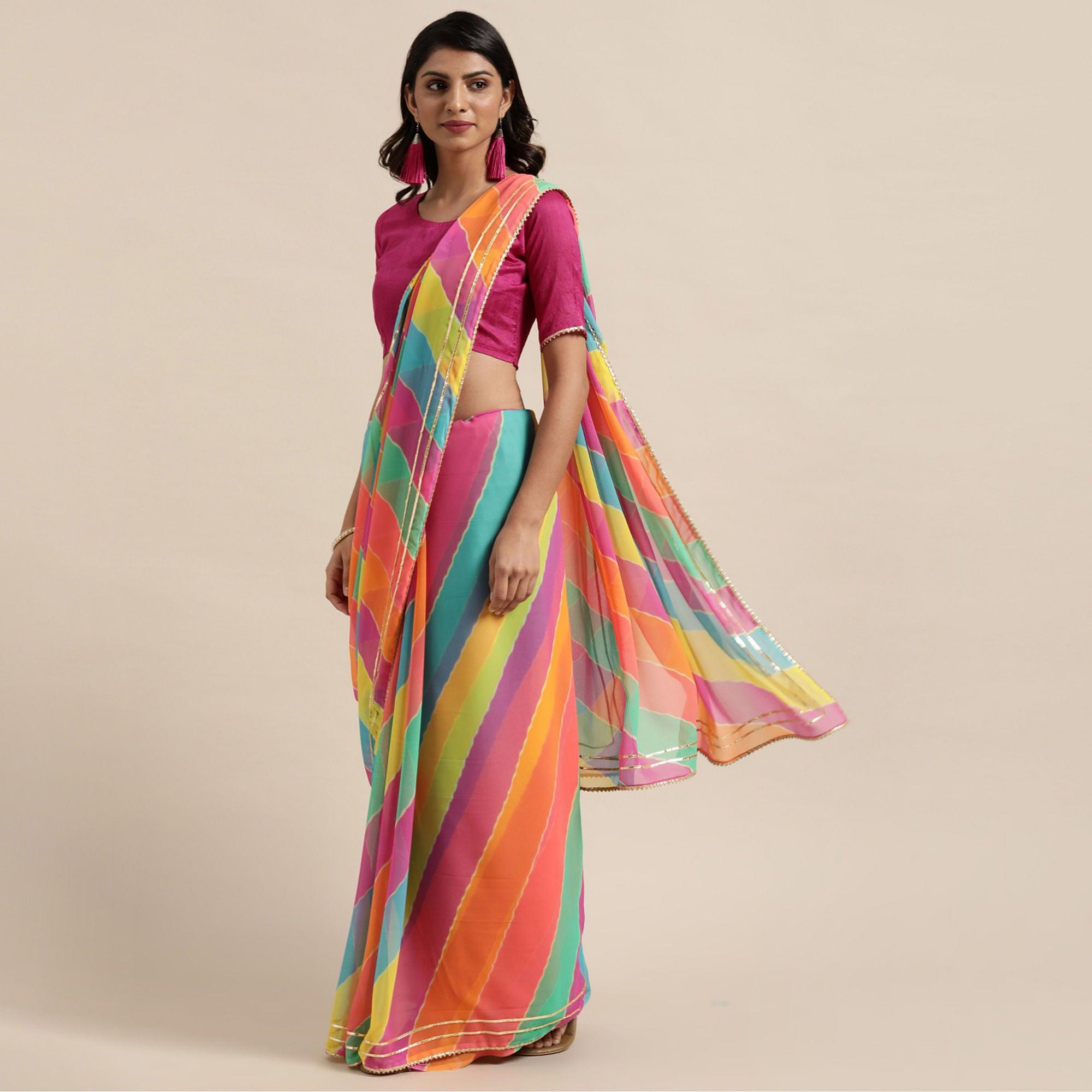 Mesmeric Multicolor Coloured Casual Wear Printed Georgette Saree - Peachmode