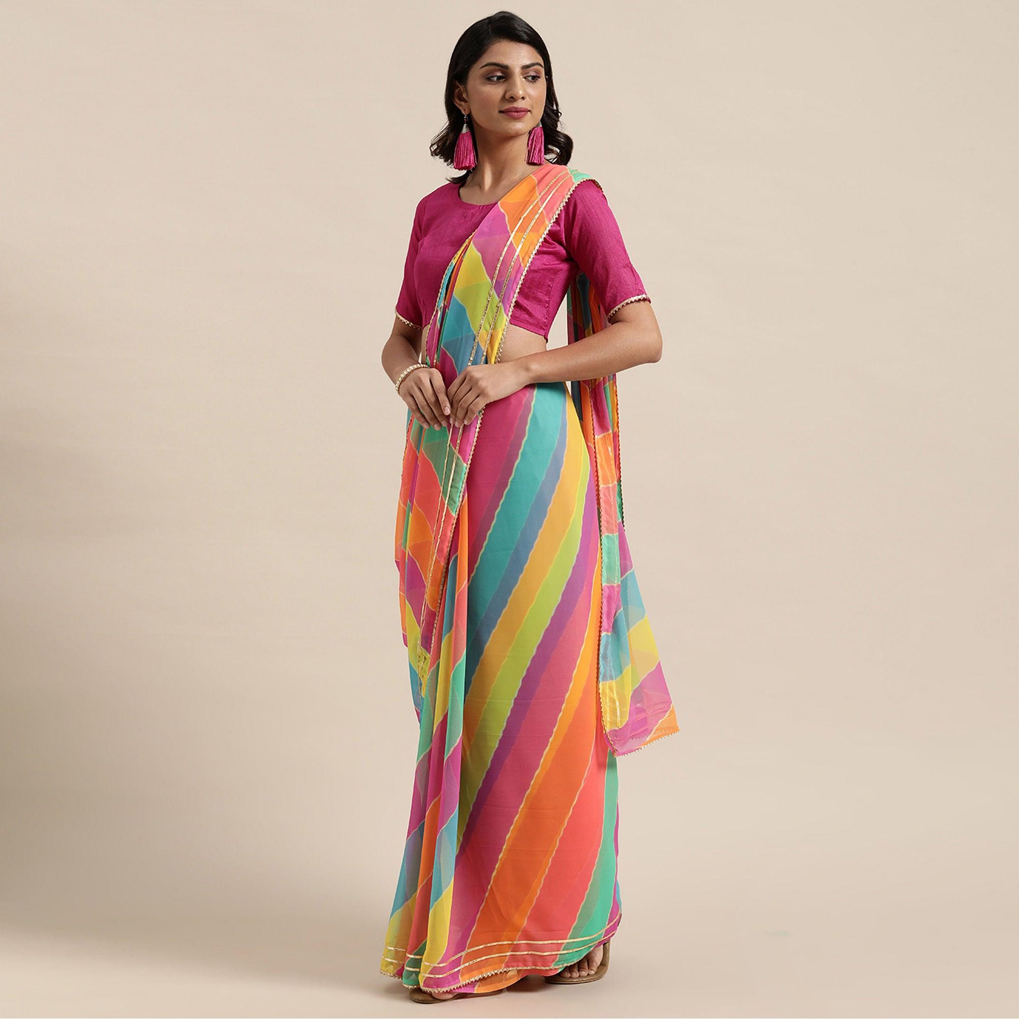 Mesmeric Multicolor Coloured Casual Wear Printed Georgette Saree - Peachmode