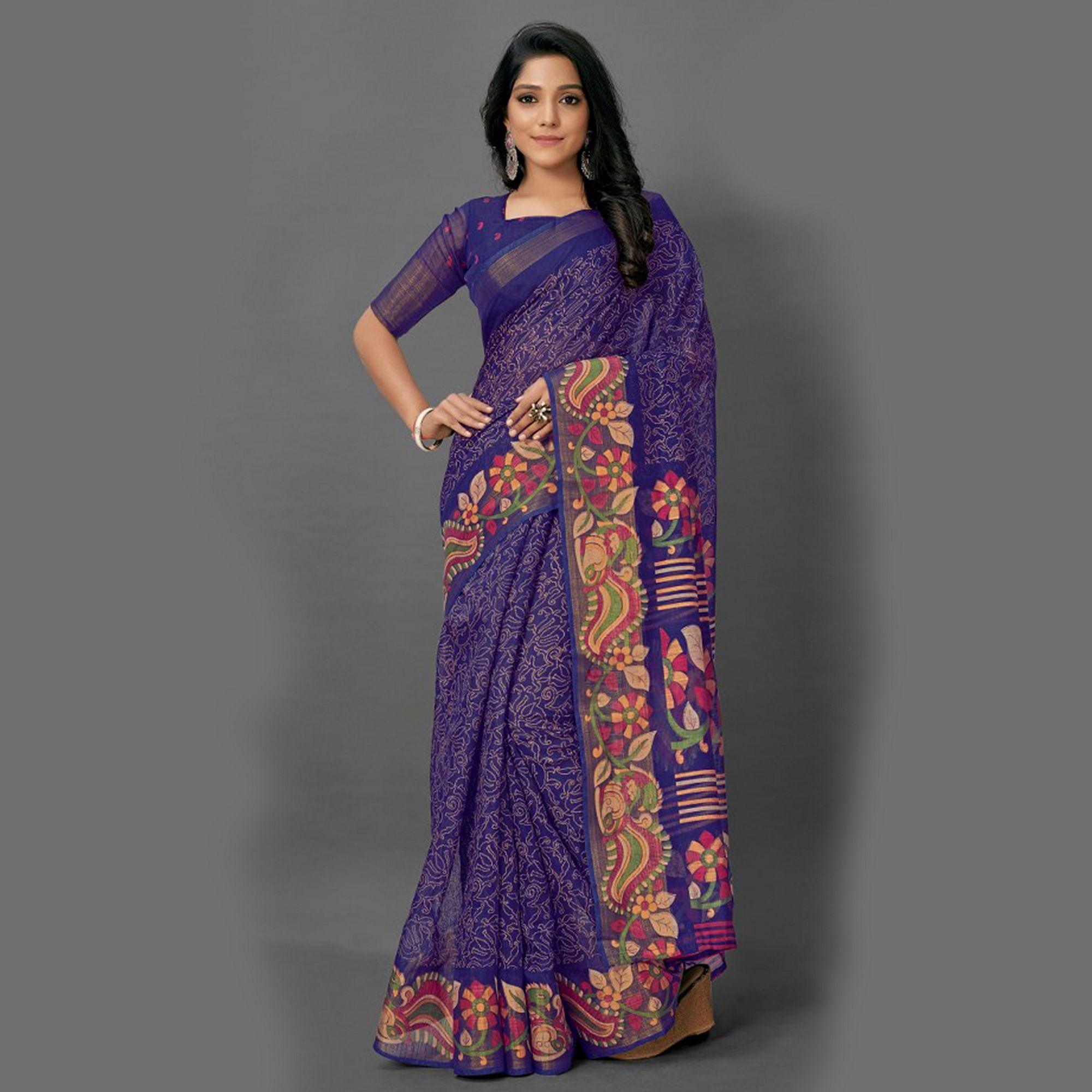 Mesmeric Navy Blue Colored Casual Wear Printed Cotton Saree - Peachmode