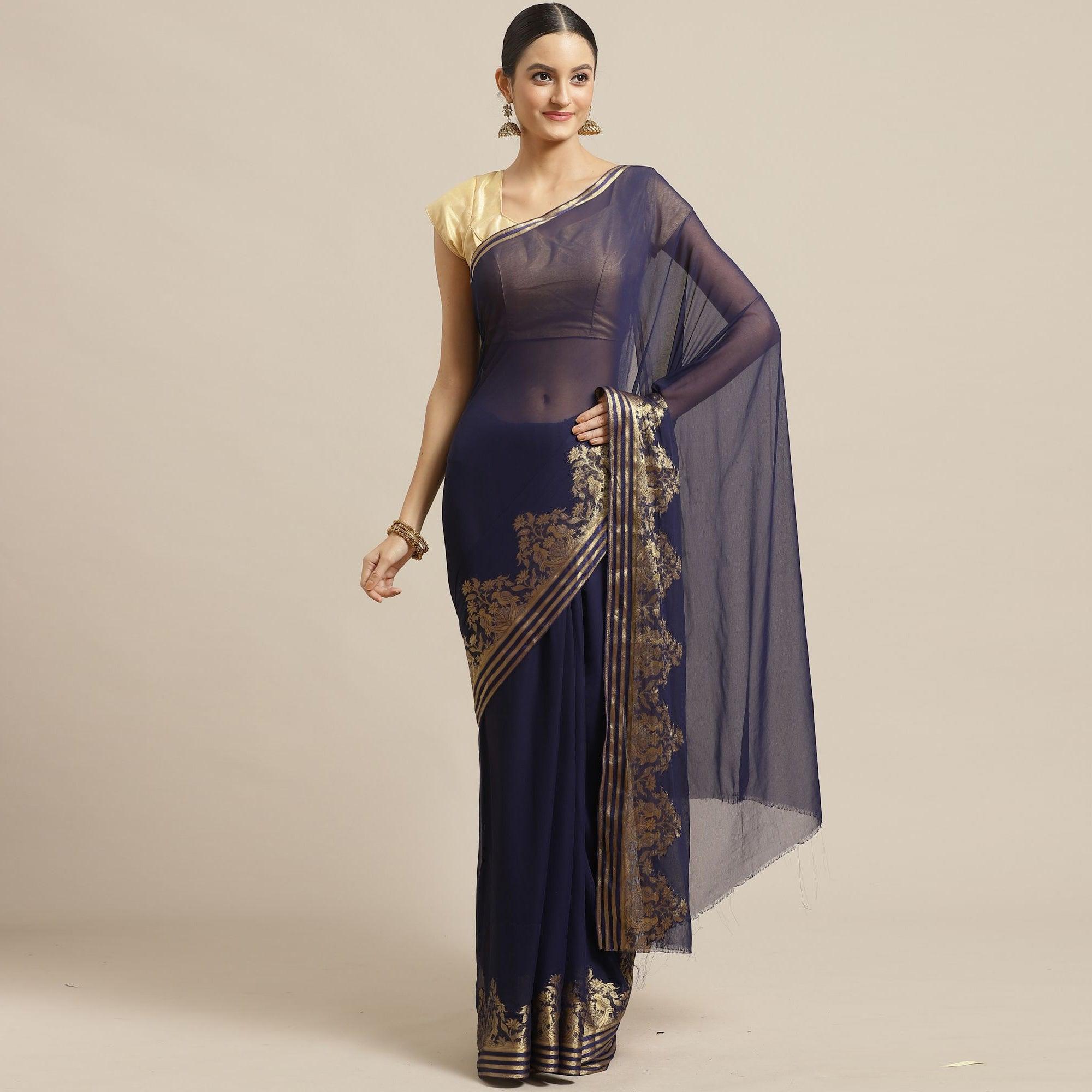 Mesmeric Navy Blue Colored Festive Wear Woven Chiffon Saree - Peachmode