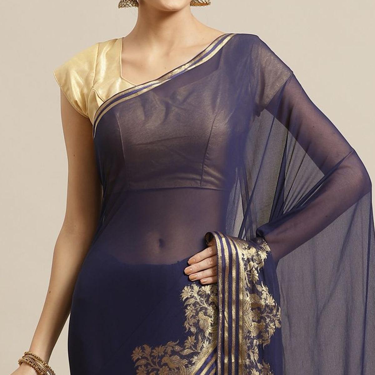 Mesmeric Navy Blue Colored Festive Wear Woven Chiffon Saree - Peachmode