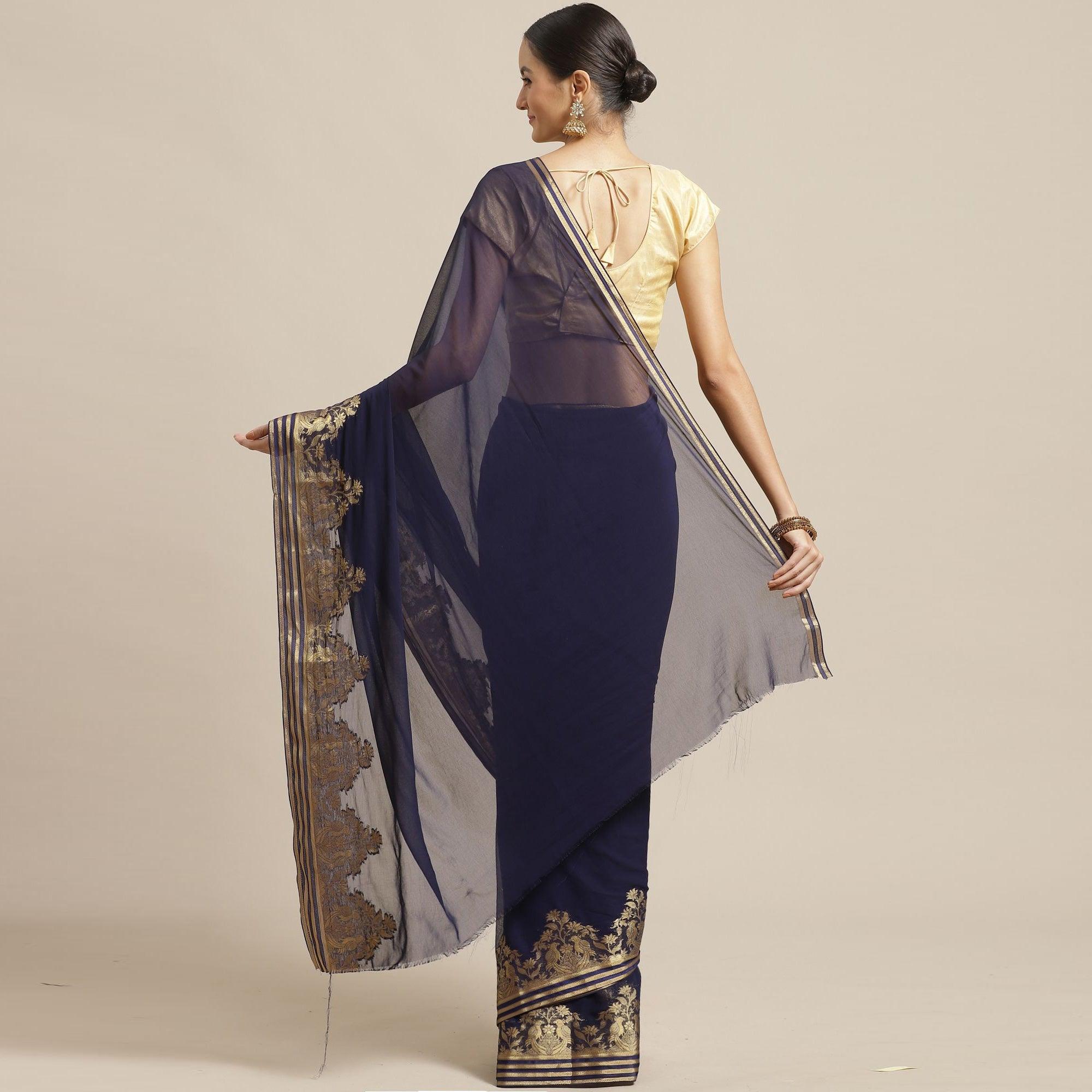 Mesmeric Navy Blue Colored Festive Wear Woven Chiffon Saree - Peachmode