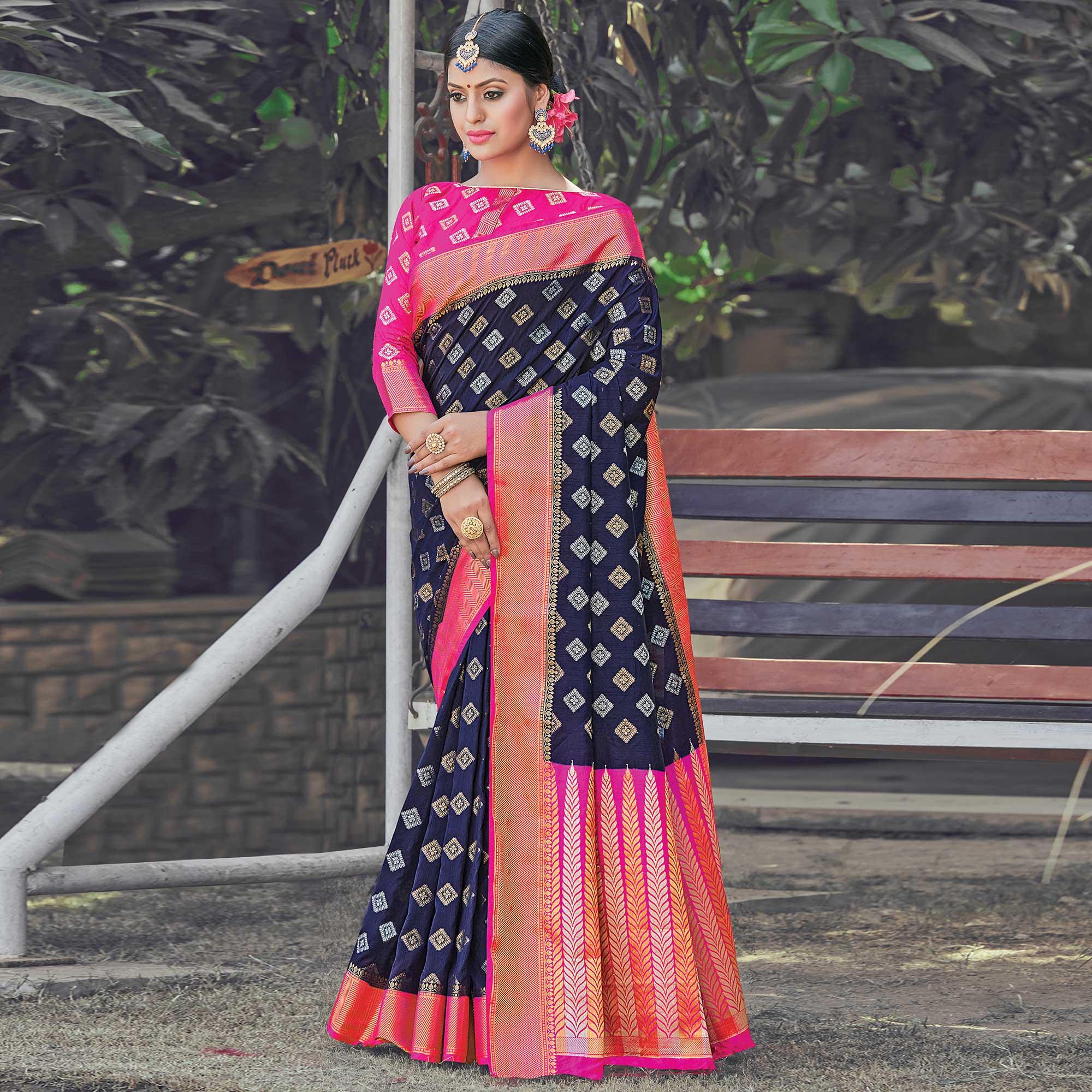 Mesmeric Navy Blue Colored Festive Wear Woven Silk Saree - Peachmode