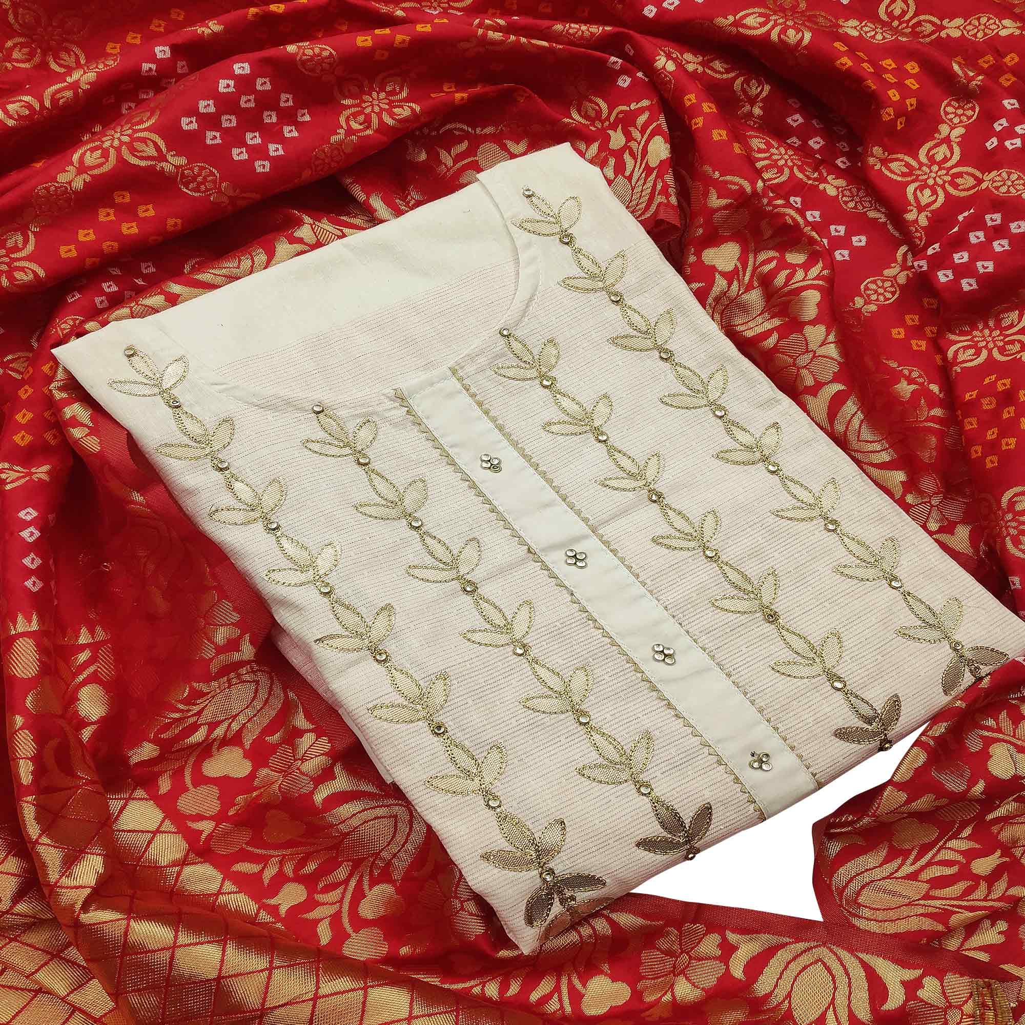 Mesmeric Offwhite - Red Colored Casual Embroidered Cotton Dress Material - Peachmode