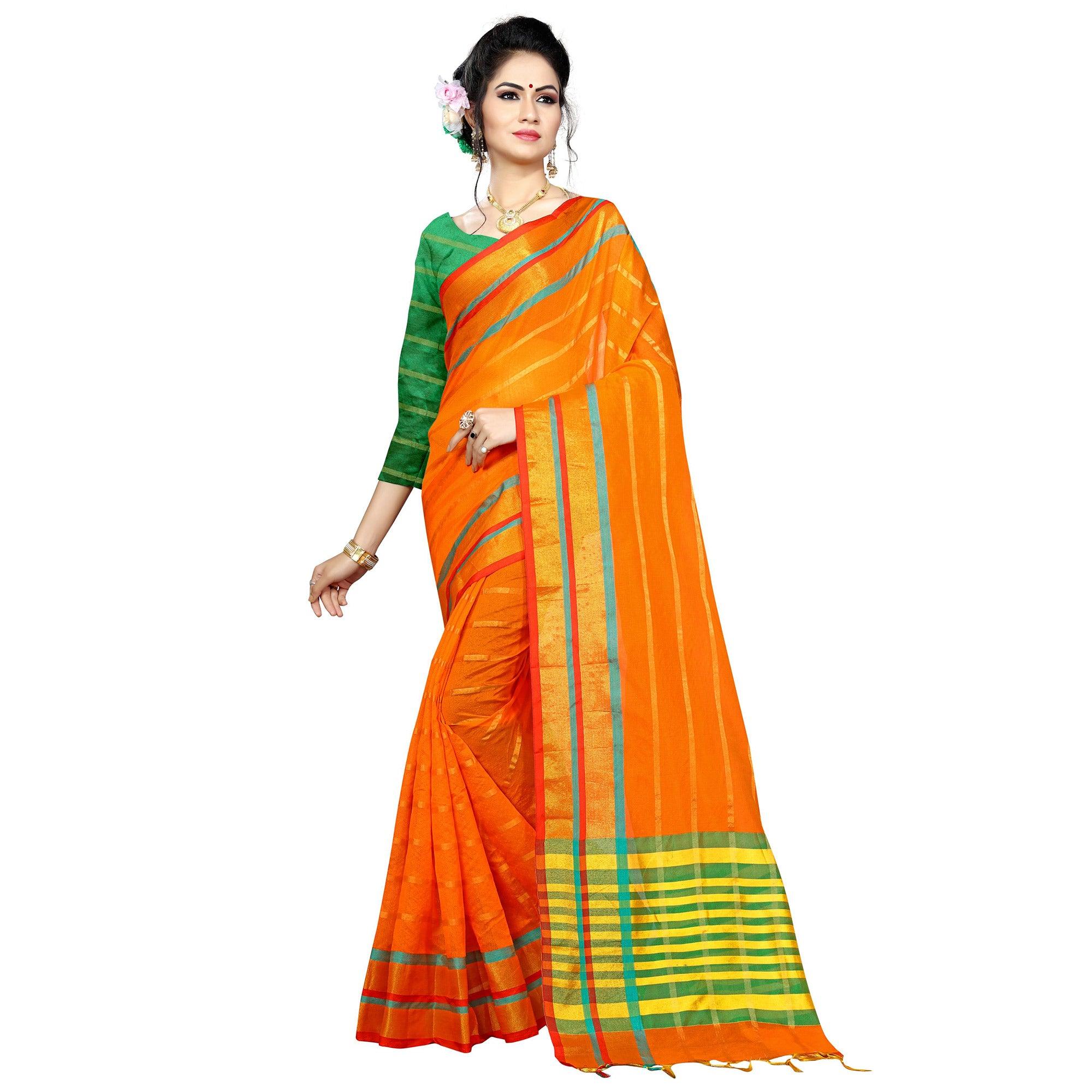 Mesmeric Orange Colored Festive Wear Woven Poly Silk Saree - Peachmode