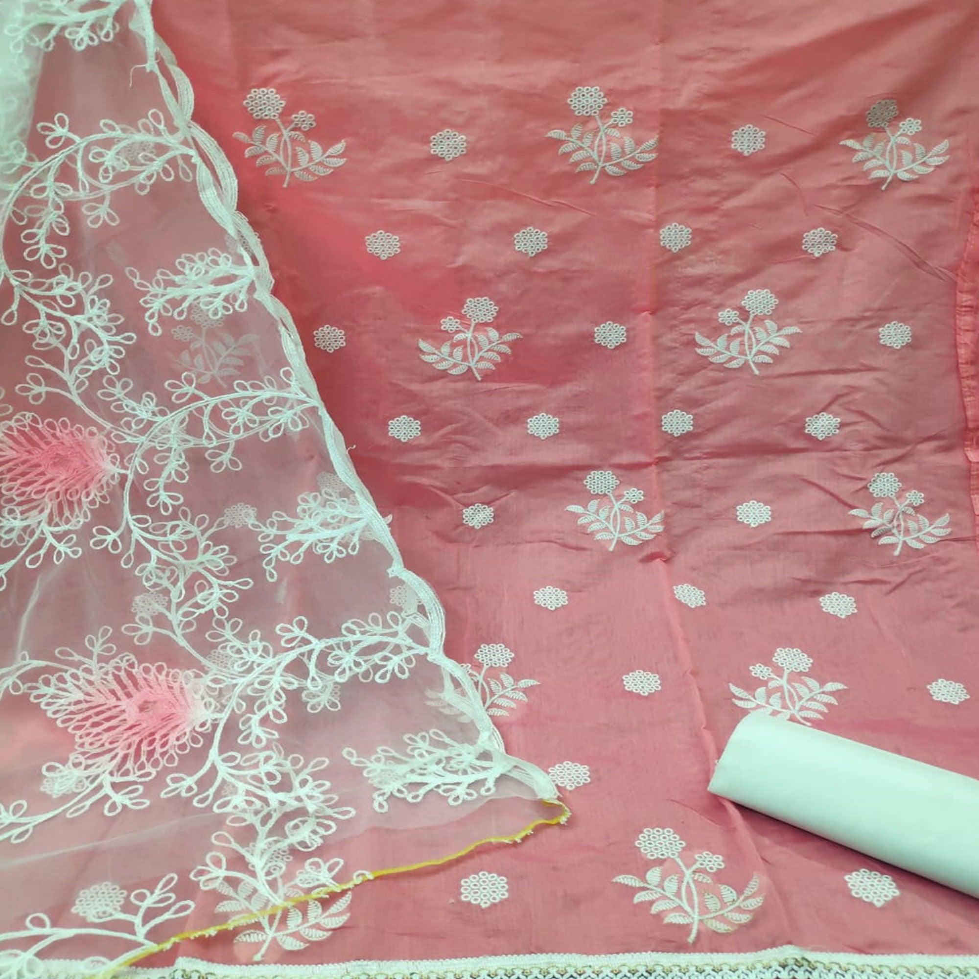 Mesmeric Pastel Pink Colored Casual Embroidered Chanderi Dress Material - Peachmode