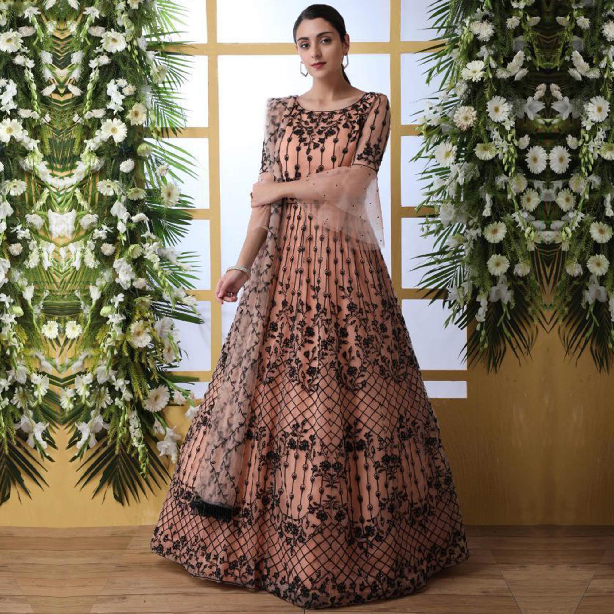 Mesmeric Peach Colored Party Wear Embroidered Net Gown With Dupatta - Peachmode