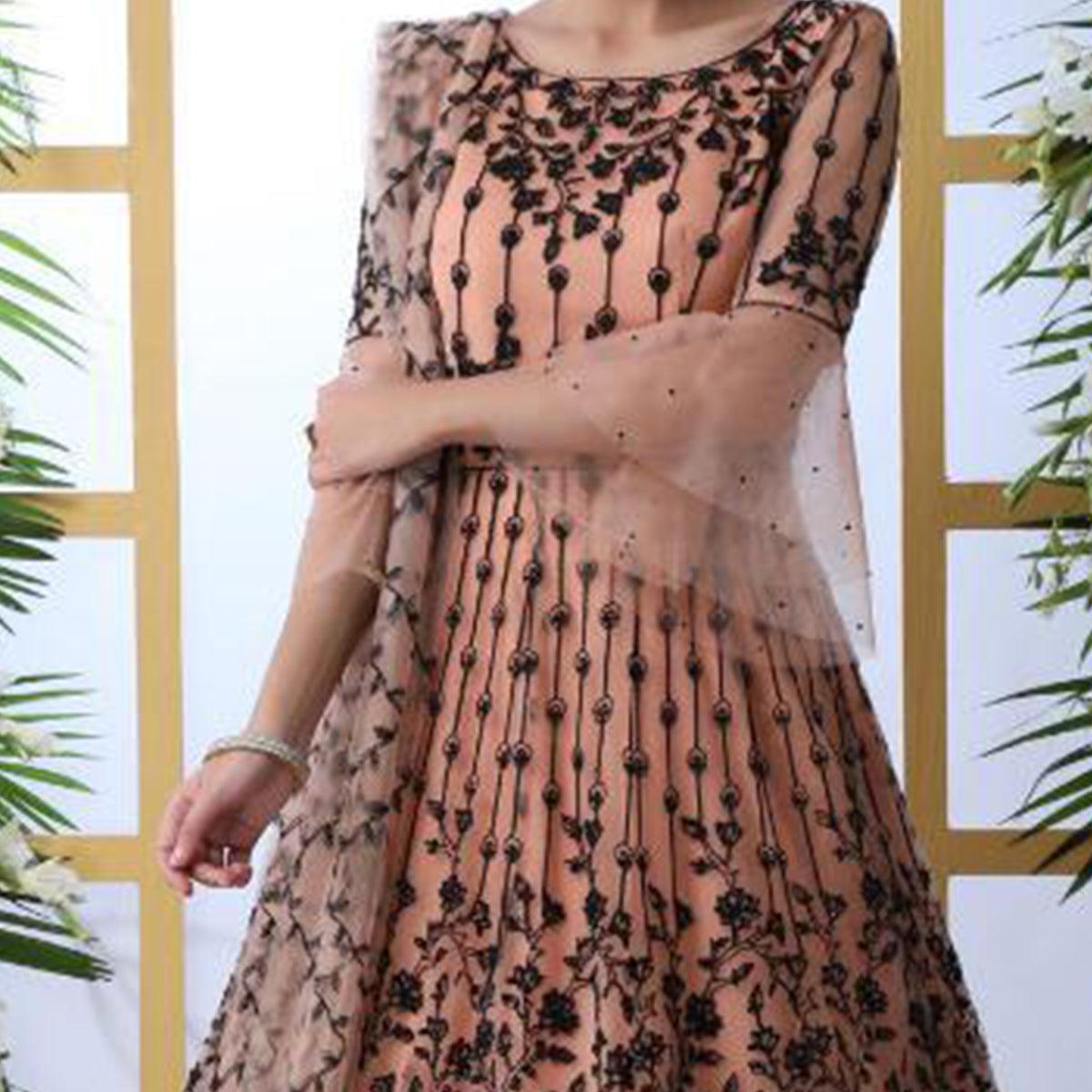 Mesmeric Peach Colored Party Wear Embroidered Net Gown With Dupatta