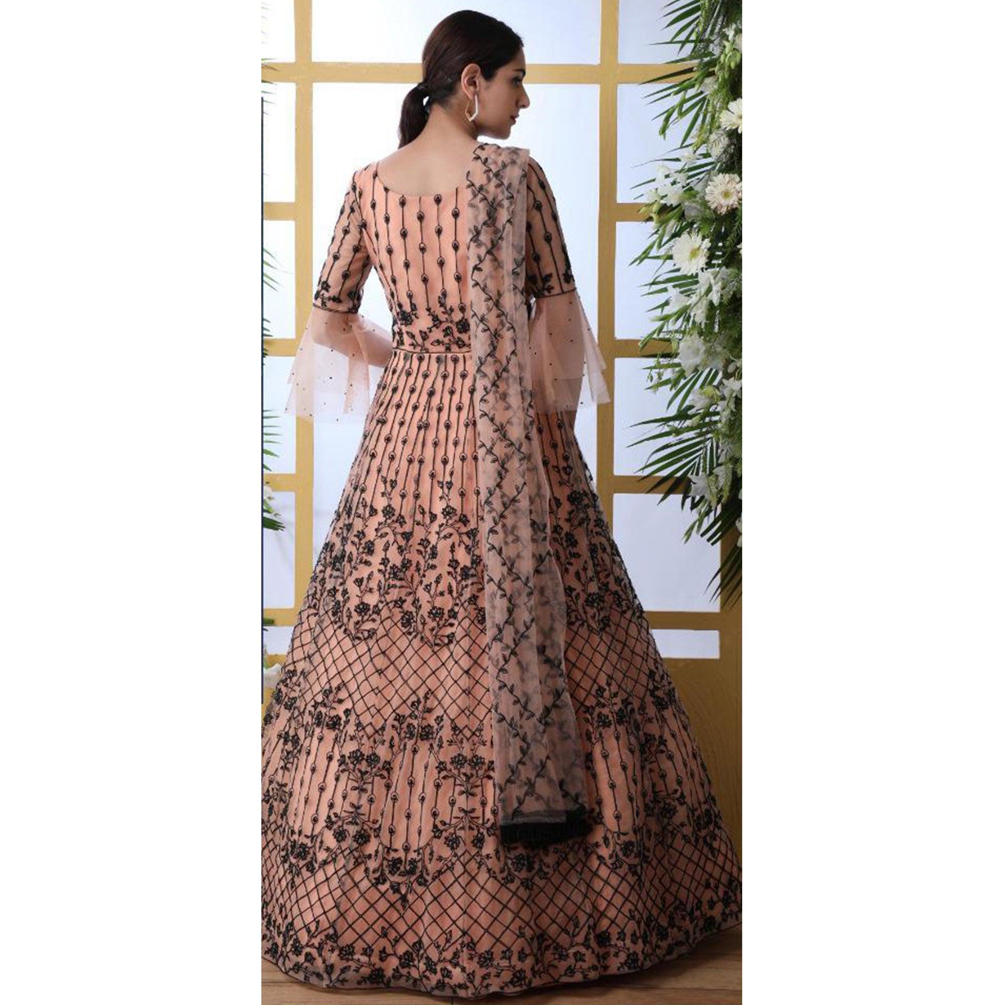 Mesmeric Peach Colored Party Wear Embroidered Net Gown With Dupatta - Peachmode