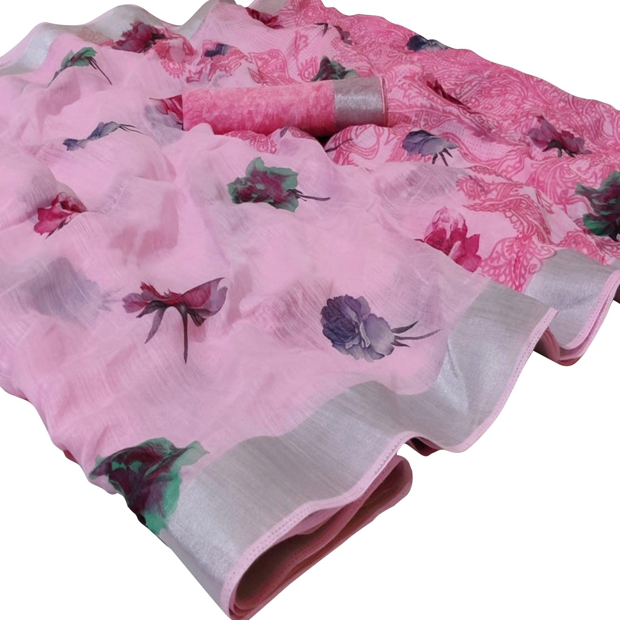 Mesmeric Pink Colored Casual Wear Printed Linen Saree - Peachmode