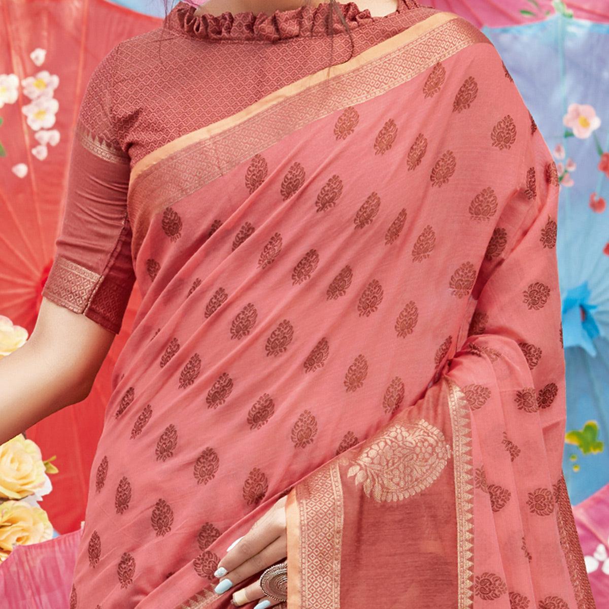 Mesmeric Pink Coloured Festive Wear Woven Cotton Handloom Saree - Peachmode
