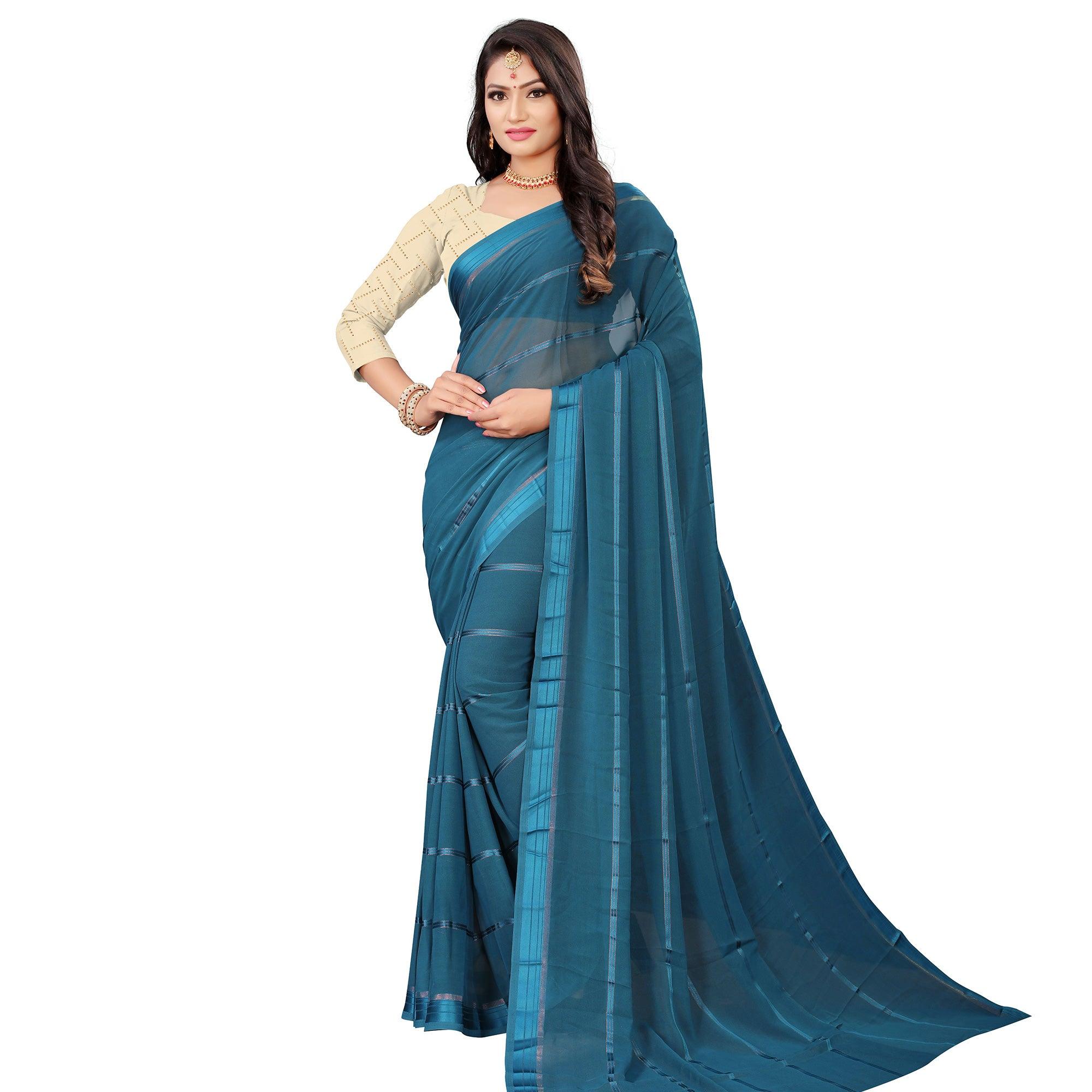 Mesmeric Rama Blue Colored Casual Wear Georgette Saree - Peachmode