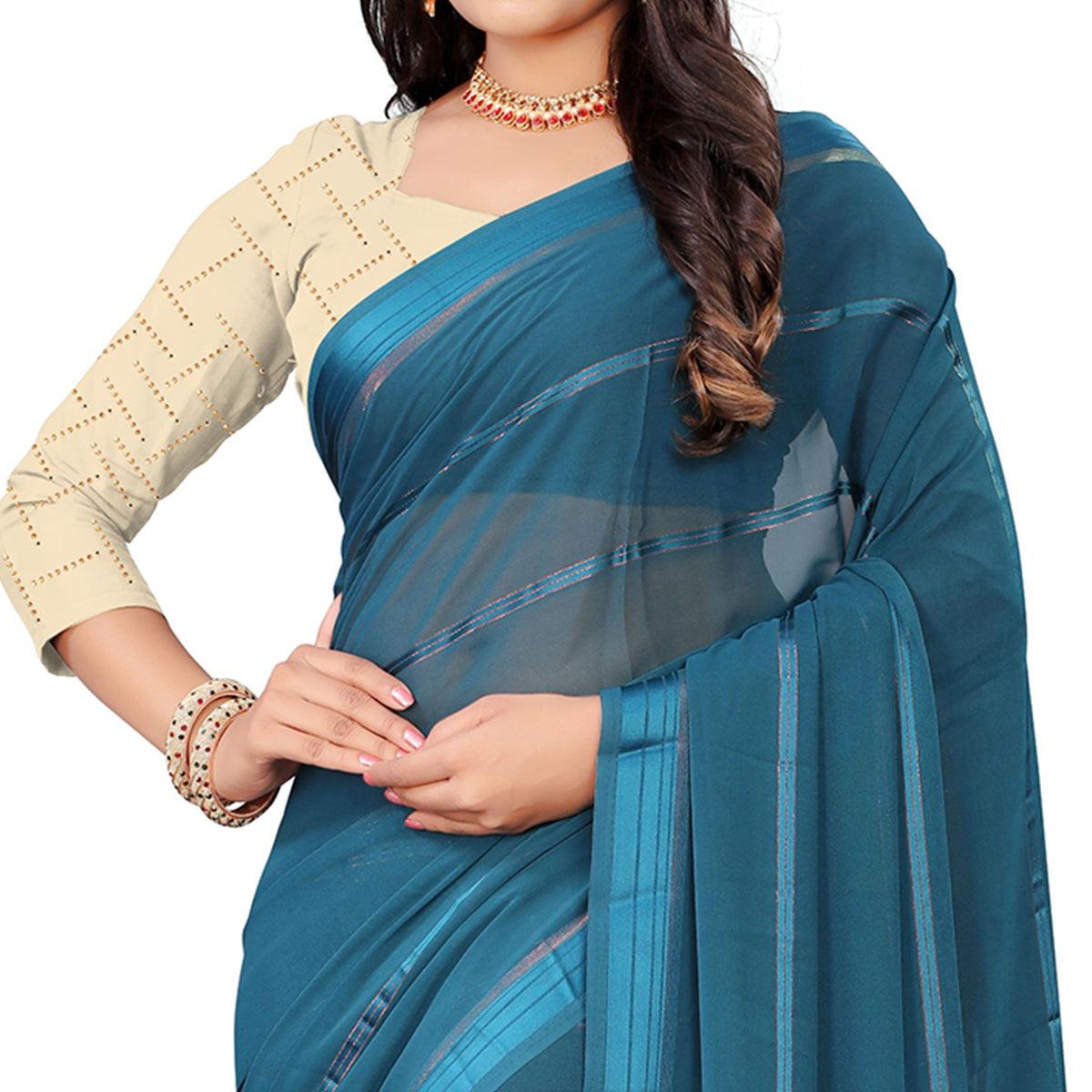 Mesmeric Rama Blue Colored Casual Wear Georgette Saree - Peachmode