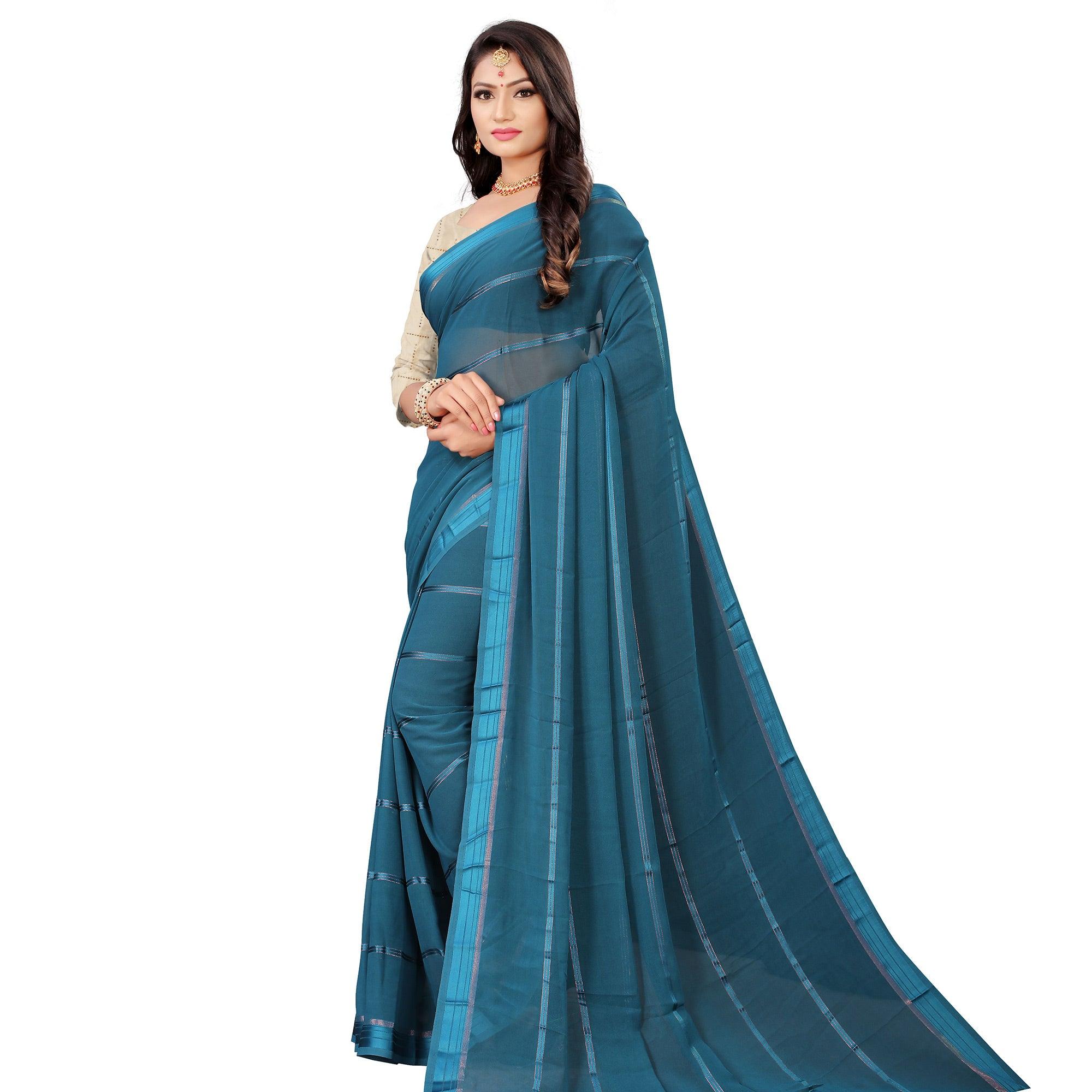 Mesmeric Rama Blue Colored Casual Wear Georgette Saree - Peachmode