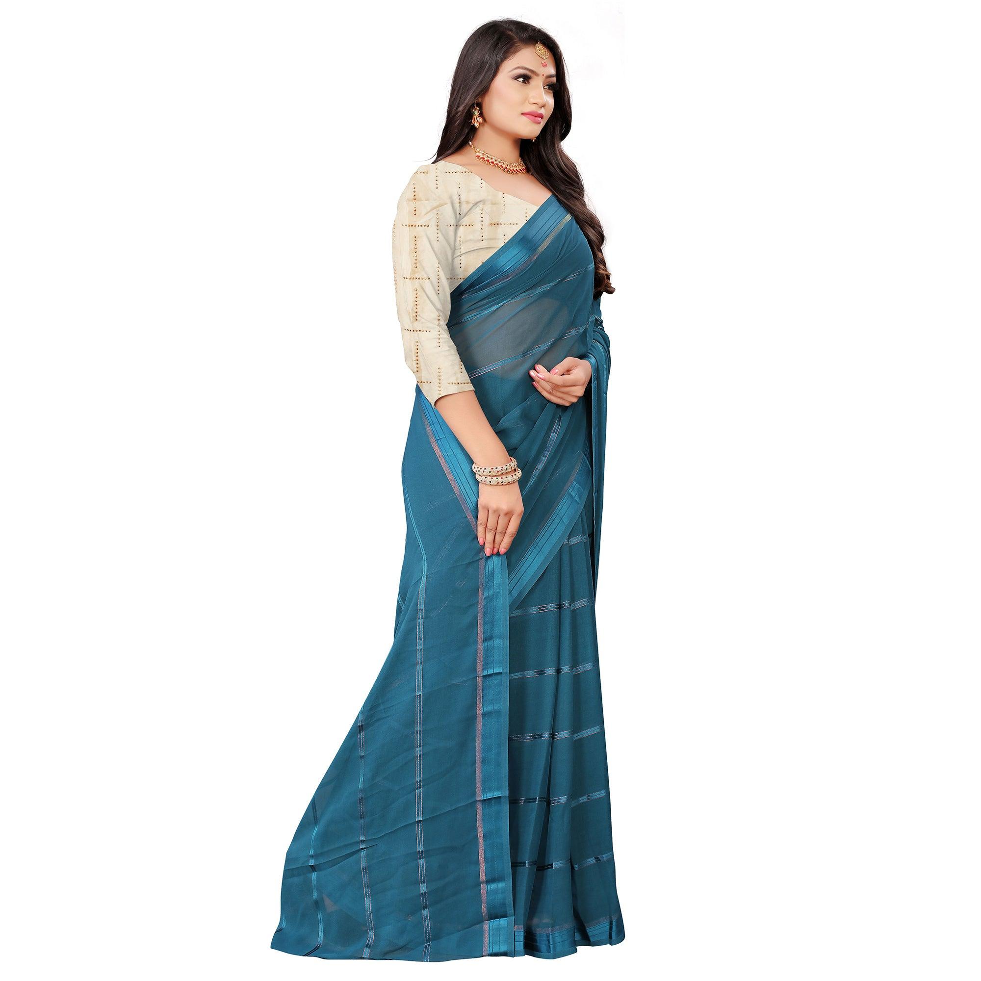 Mesmeric Rama Blue Colored Casual Wear Georgette Saree - Peachmode