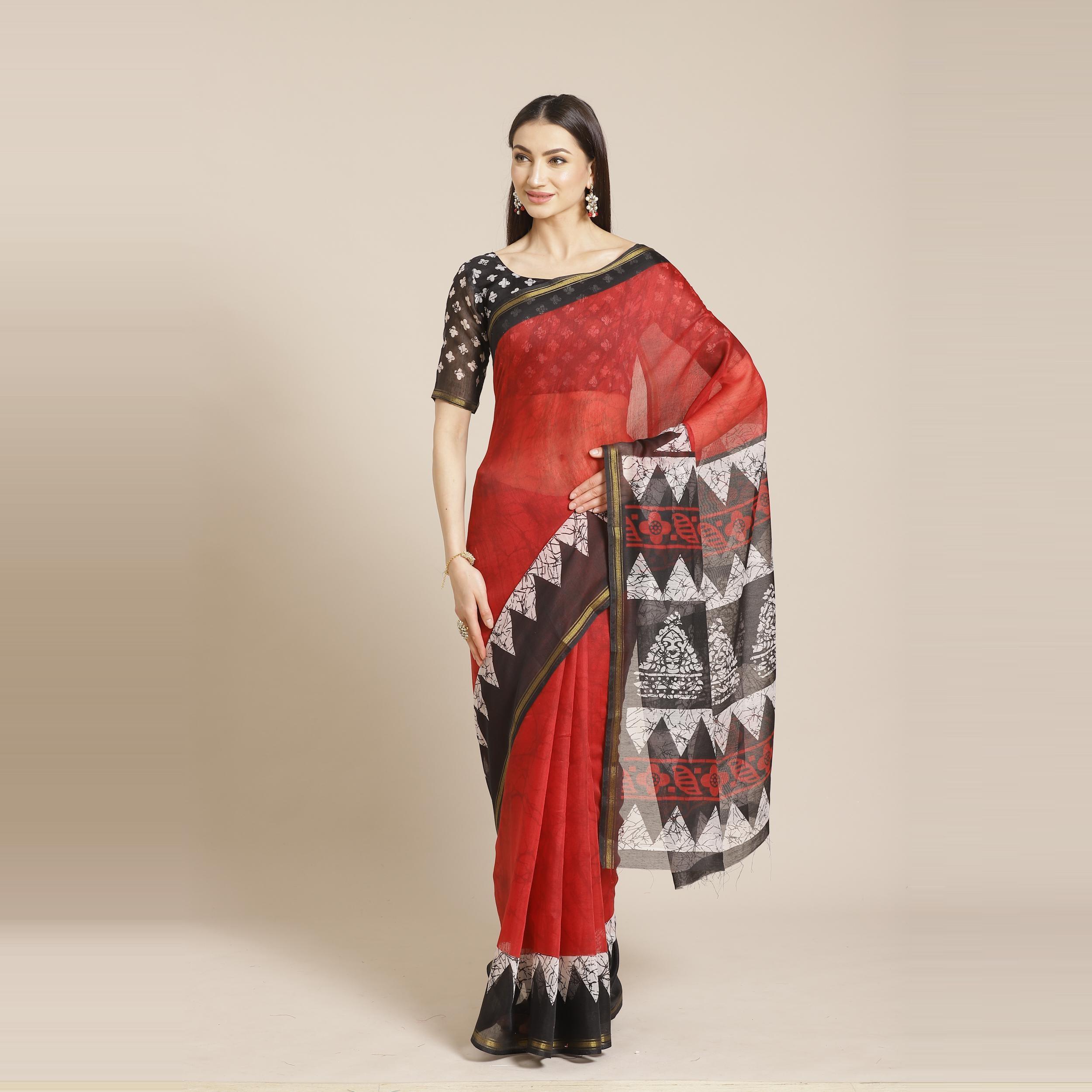 Mesmeric Red - Black Colored Casual Wear Printed Silk Blend Saree - Peachmode